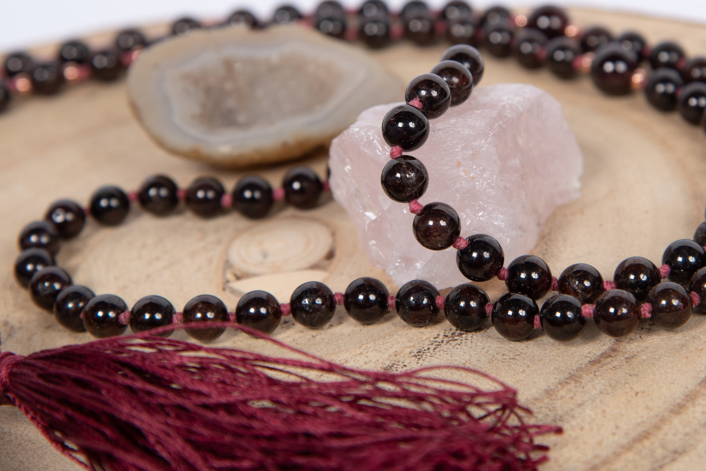 Mala 108 con pietre naturali di Granato, Perla Guru Rame, rame