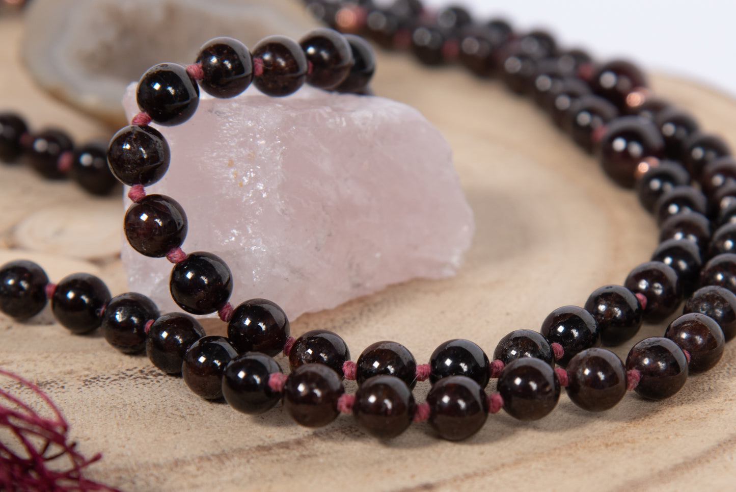 Mala 108 con pietre naturali di Granato, Perla Guru Rame, rame