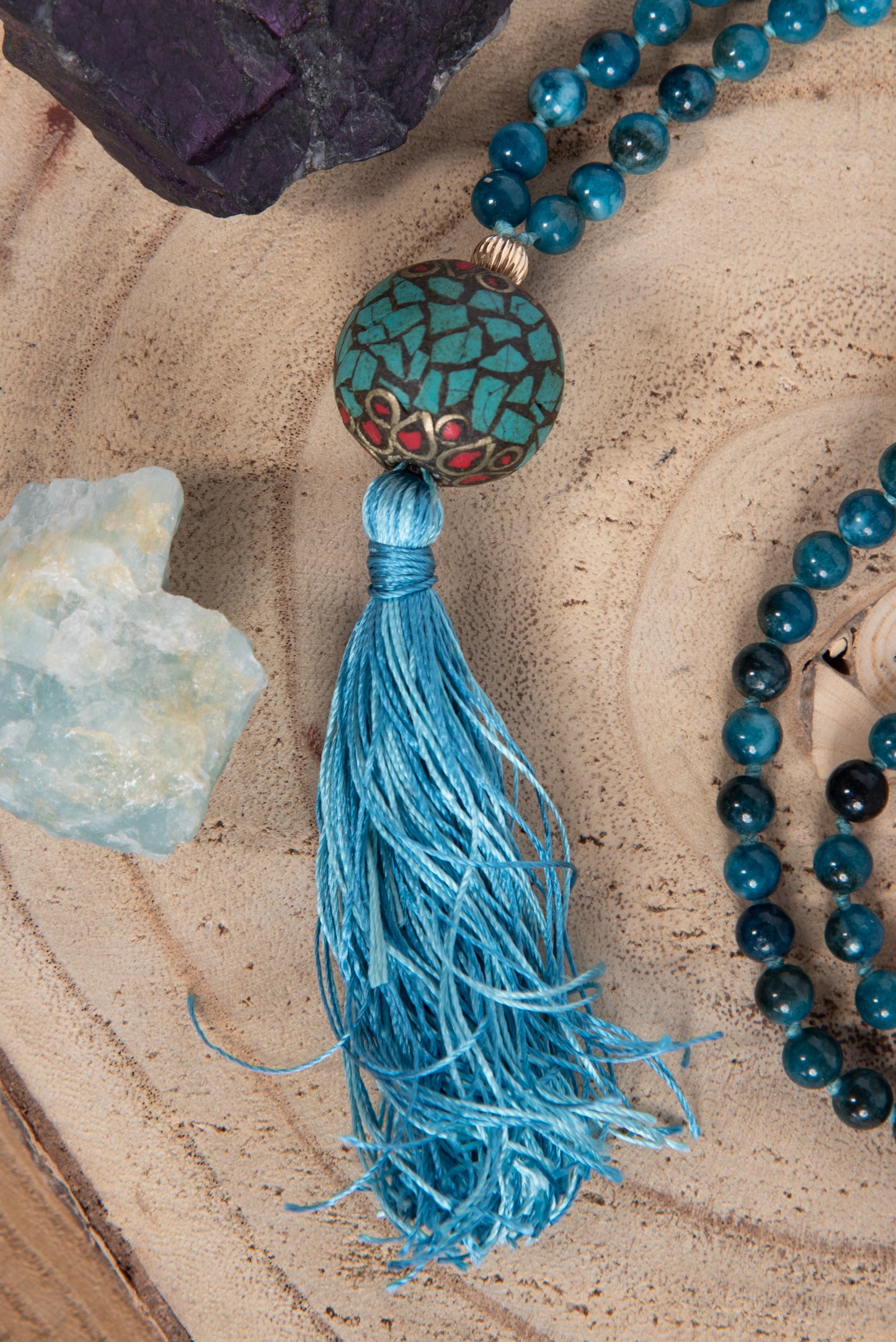 Mala da meditazione in Apatite, Perla Guru Tibetana, Argento dorato 925, placcato oro 14 kt