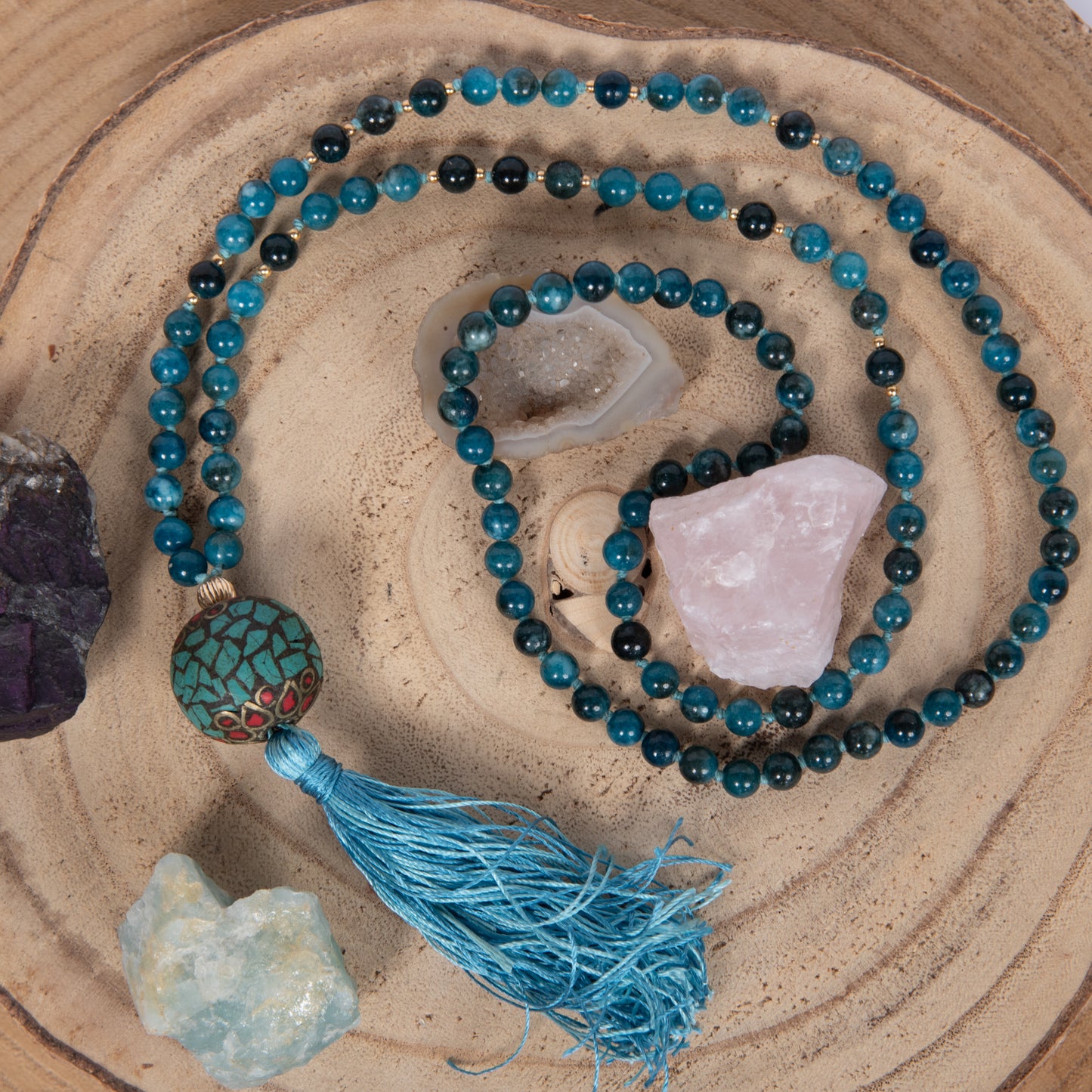 Mala da meditazione in Apatite, Perla Guru Tibetana, Argento dorato 925, placcato oro 14 kt