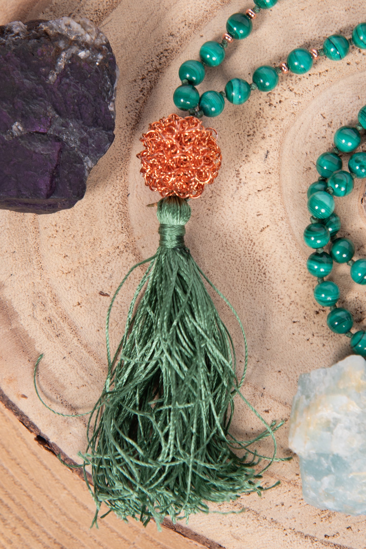 Mala 108 con pietre naturali di Malachite, Perla Guru Rame, rame
