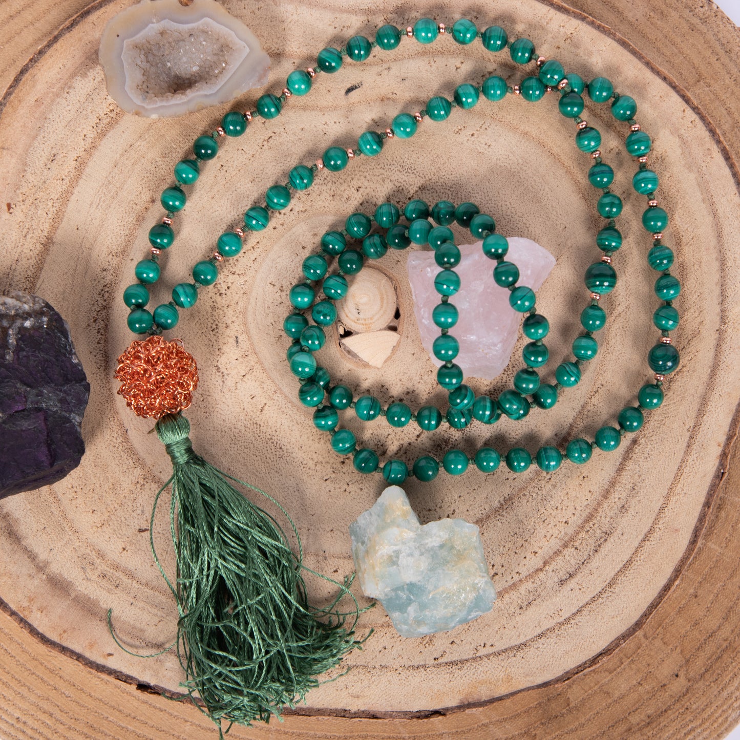 Mala 108 con pietre naturali di Malachite, Perla Guru Rame, rame
