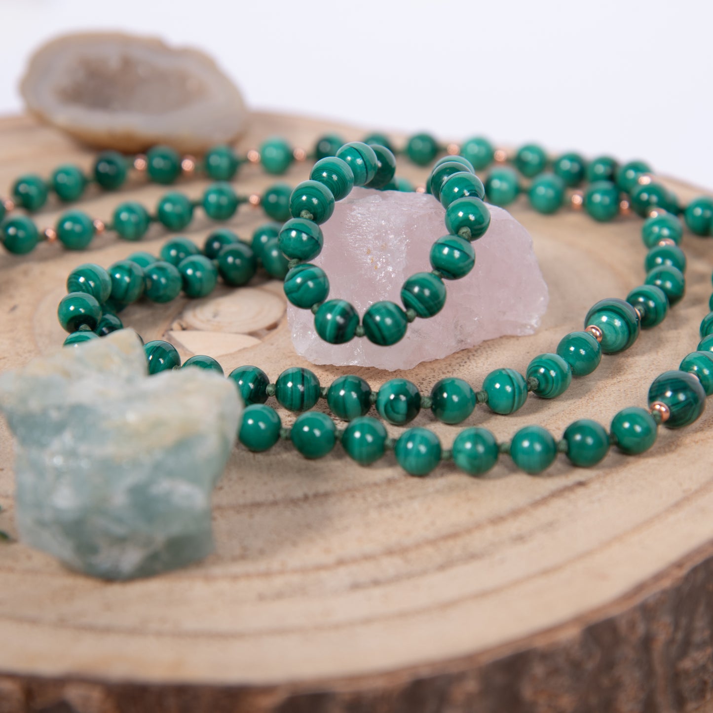 Mala 108 con pietre naturali di Malachite, Perla Guru Rame, rame