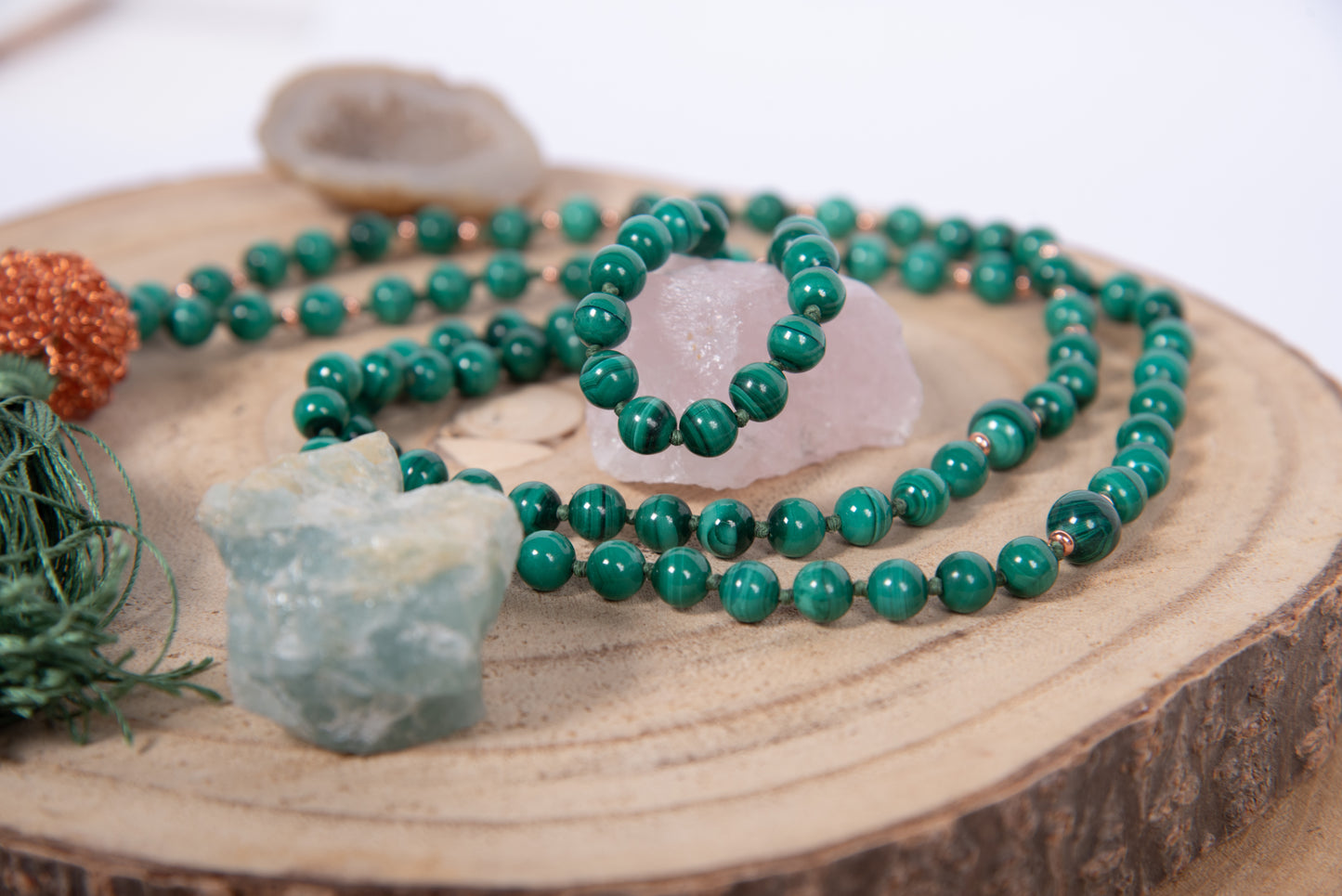 Mala 108 con pietre naturali di Malachite, Perla Guru Rame, rame