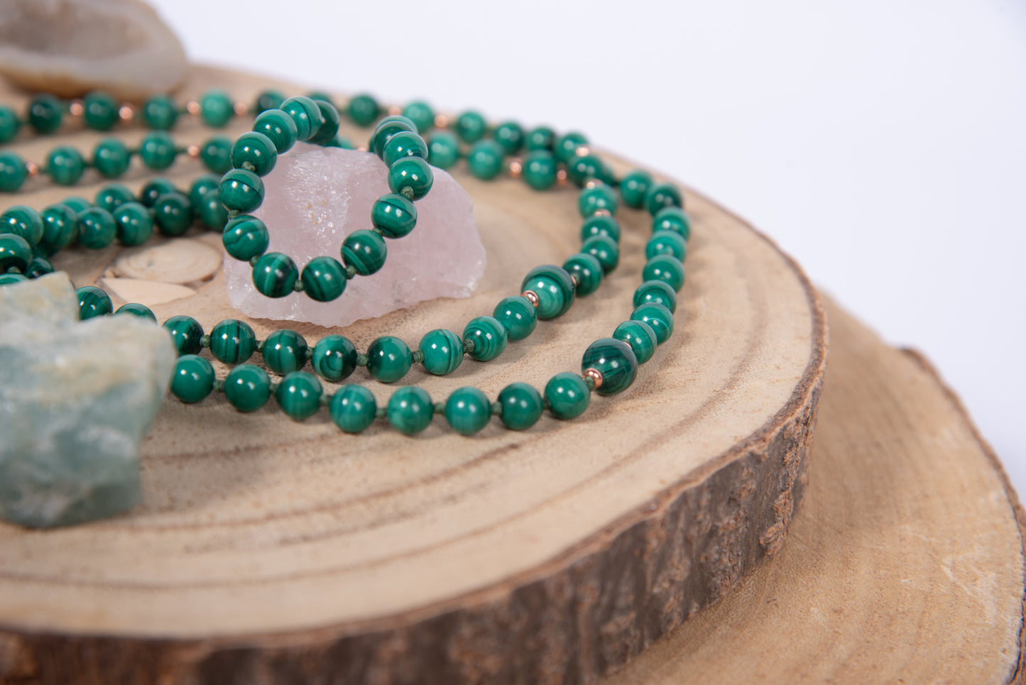 Mala 108 con pietre naturali di Malachite, Perla Guru Rame, rame