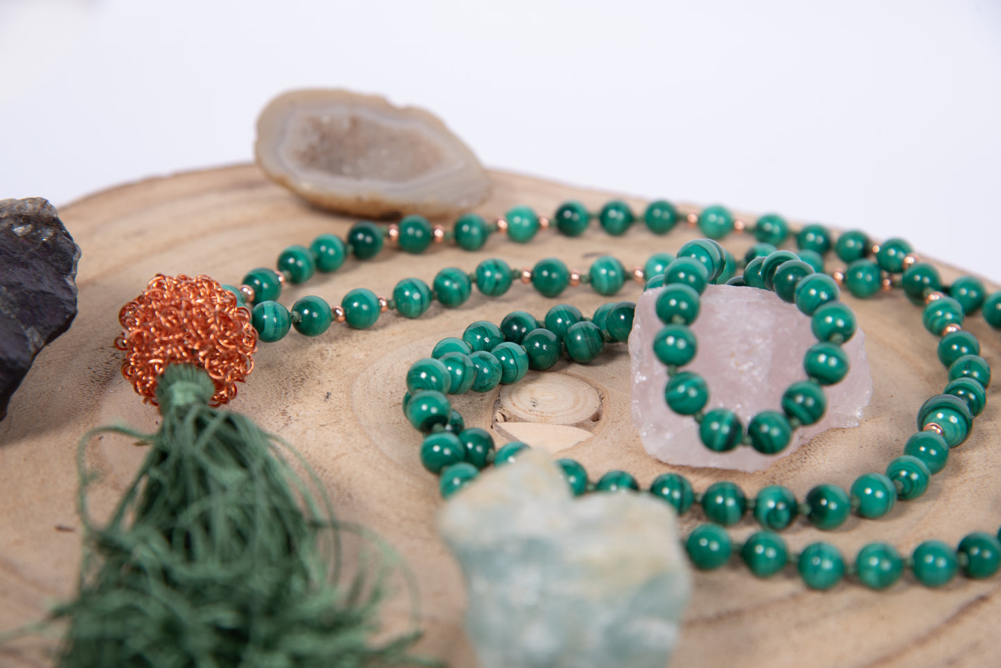 Mala 108 con pietre naturali di Malachite, Perla Guru Rame, rame