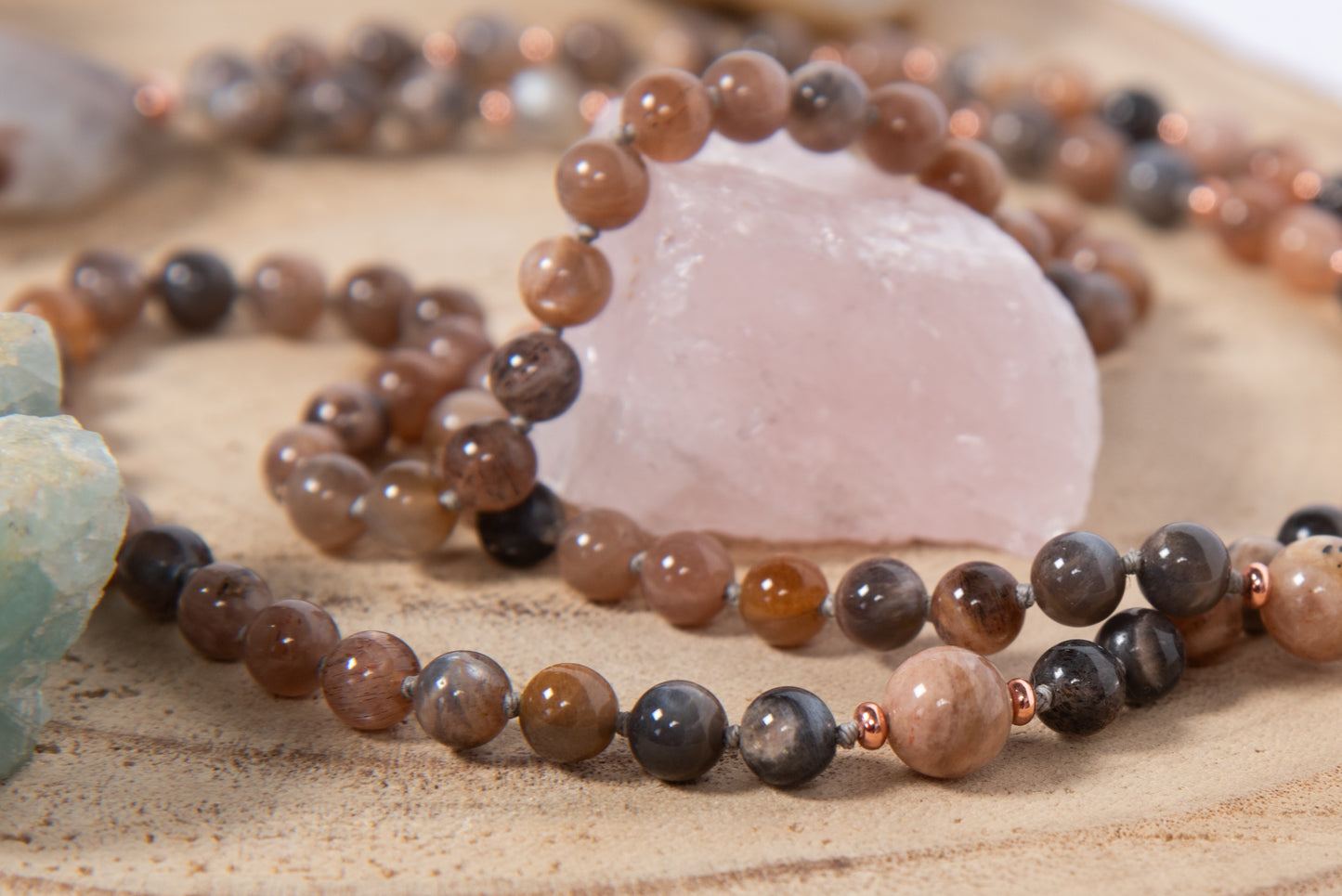 Mala da meditazione in Pietra di luna nera naturale, Pietra Guru Agata, Rame