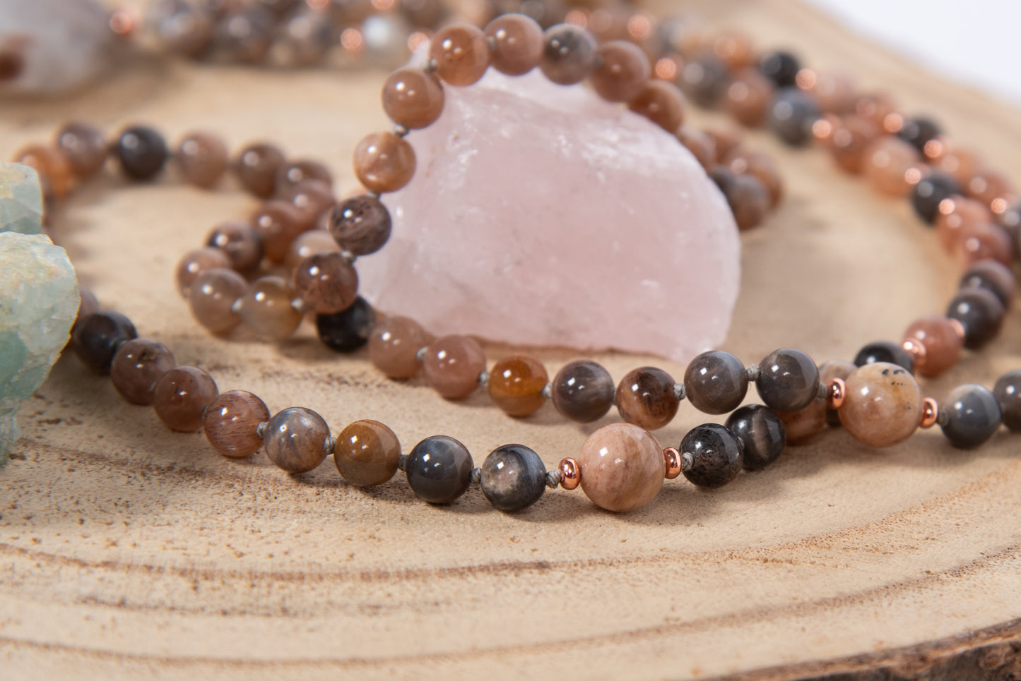 Mala da meditazione in Pietra di luna nera naturale, Pietra Guru Agata, Rame