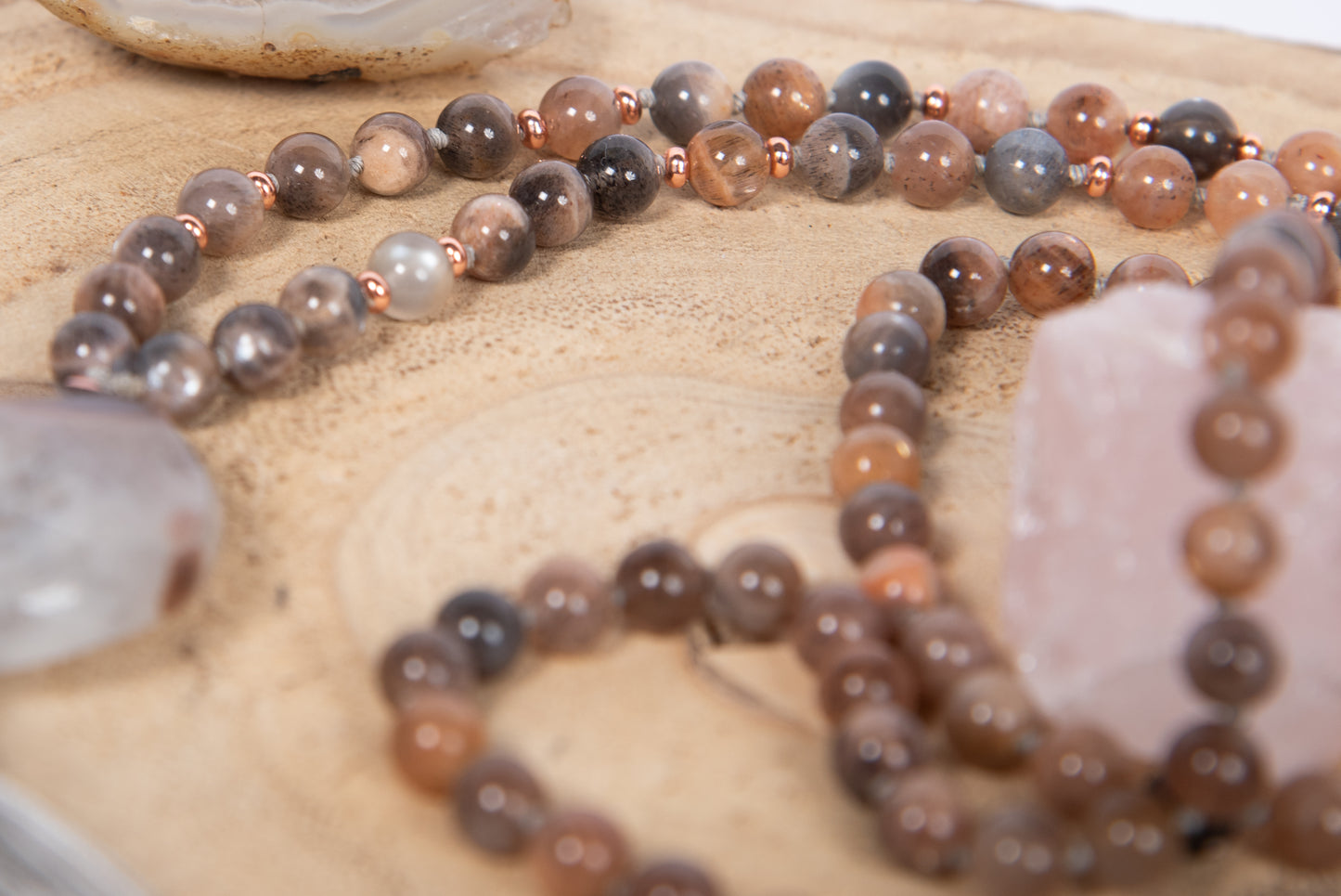 Mala da meditazione in Pietra di luna nera naturale, Pietra Guru Agata, Rame