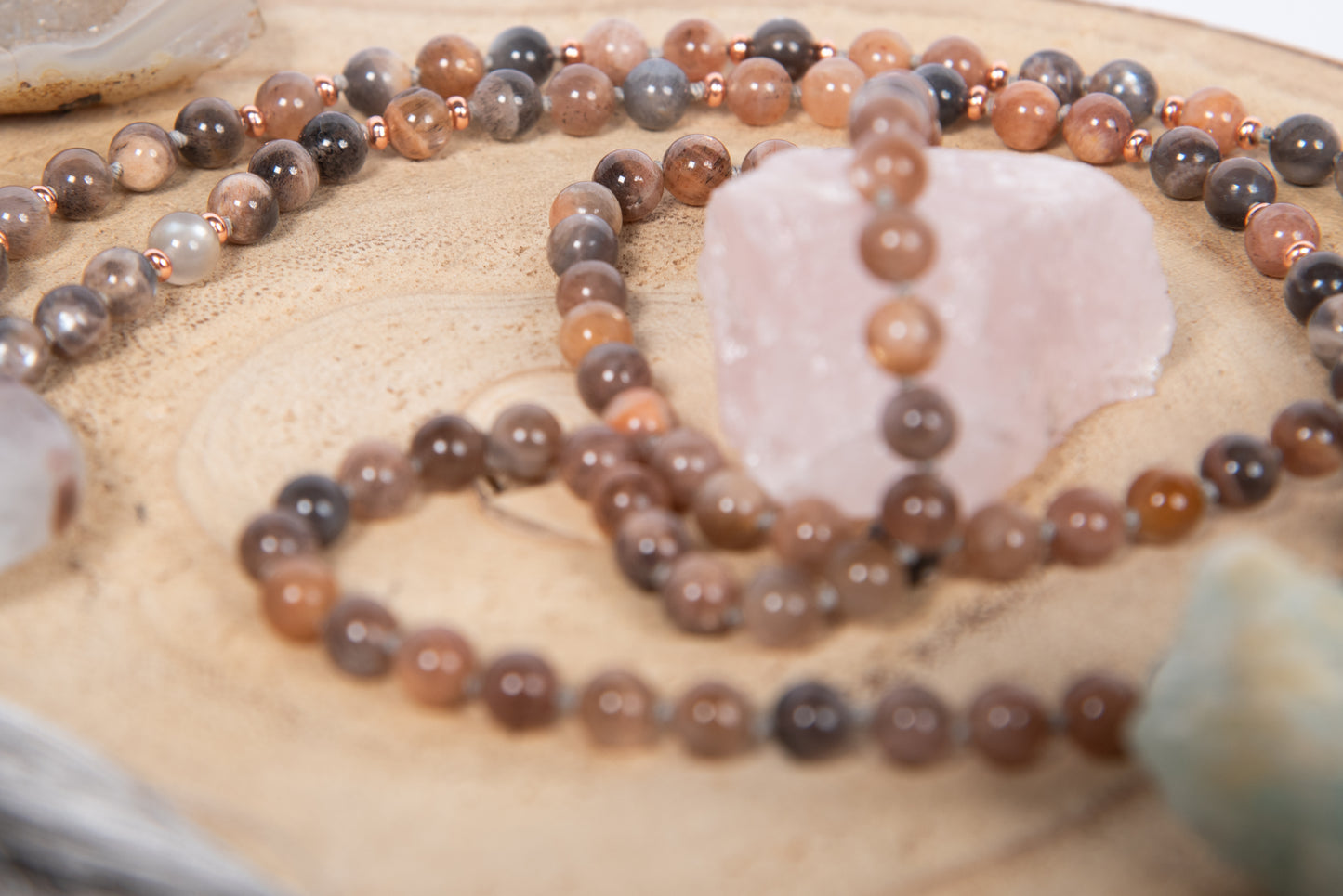 Mala da meditazione in Pietra di luna nera naturale, Pietra Guru Agata, Rame