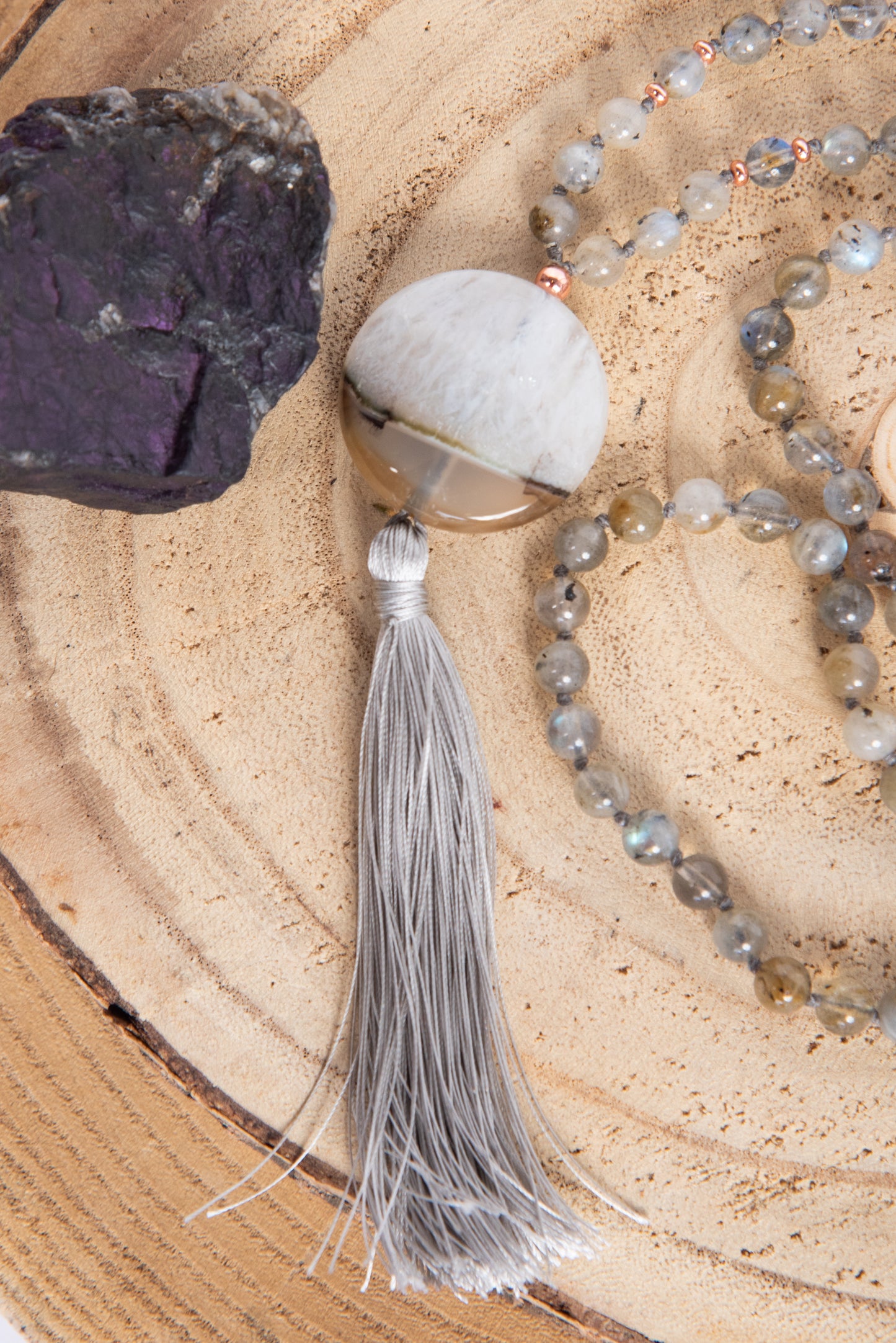 Mala collana artigianale 108 perle Labradorite, pietra guru Agata, rame