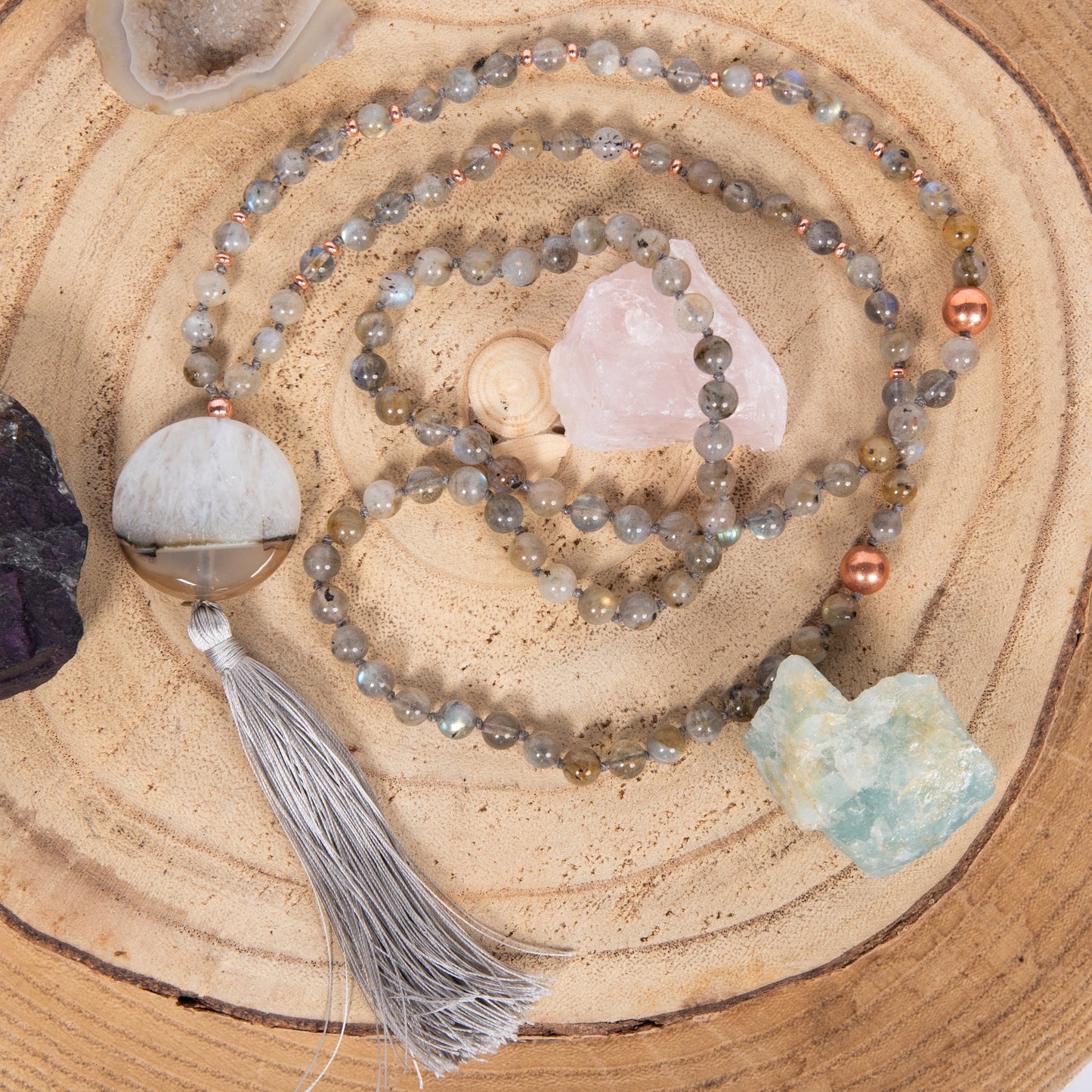 Mala collana artigianale 108 perle Labradorite, pietra guru Agata, rame