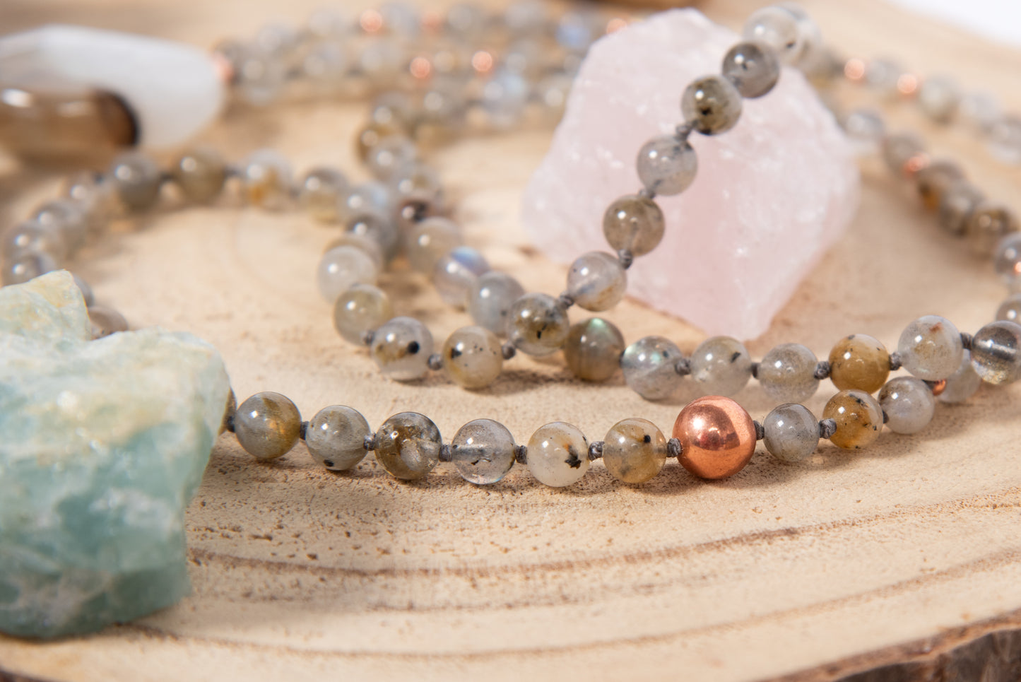 Mala collana artigianale 108 perle Labradorite, pietra guru Agata, rame