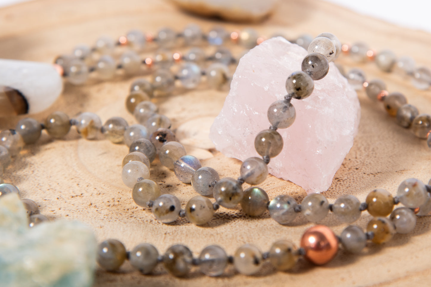 Mala collana artigianale 108 perle Labradorite, pietra guru Agata, rame