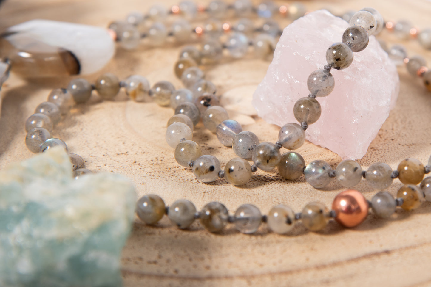 Mala collana artigianale 108 perle Labradorite, pietra guru Agata, rame