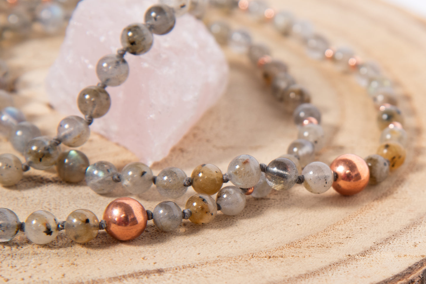 Mala collana artigianale 108 perle Labradorite, pietra guru Agata, rame