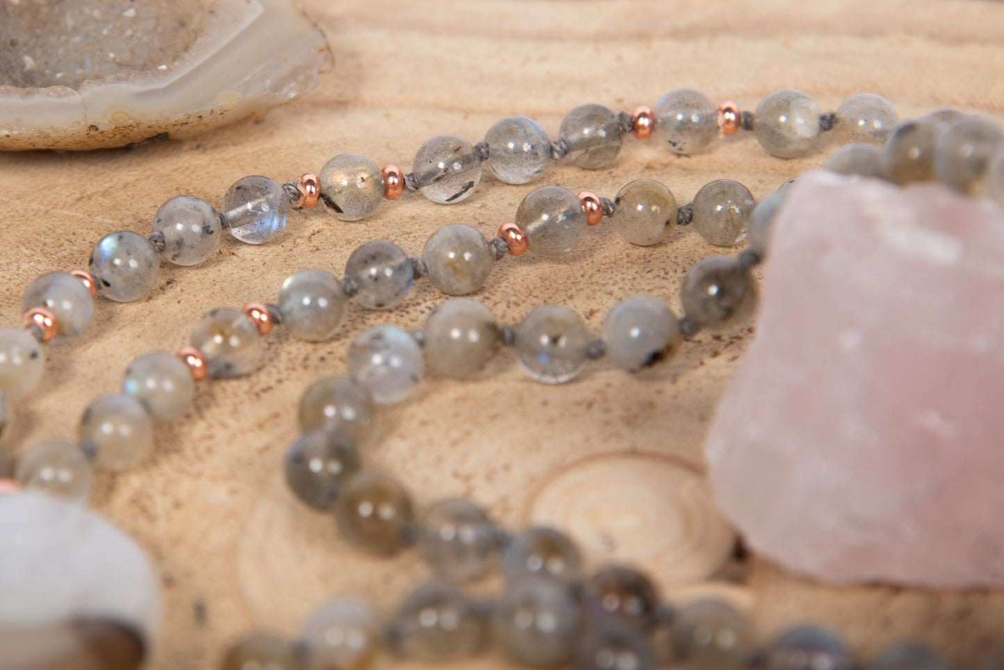 Mala collana artigianale 108 perle Labradorite, pietra guru Agata, rame