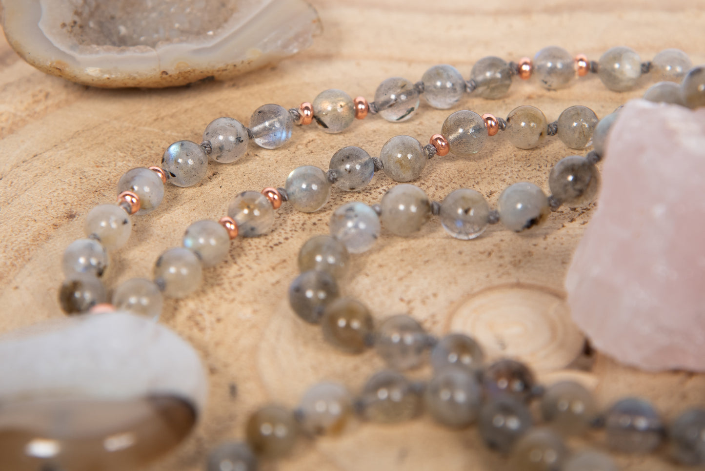 Mala collana artigianale 108 perle Labradorite, pietra guru Agata, rame