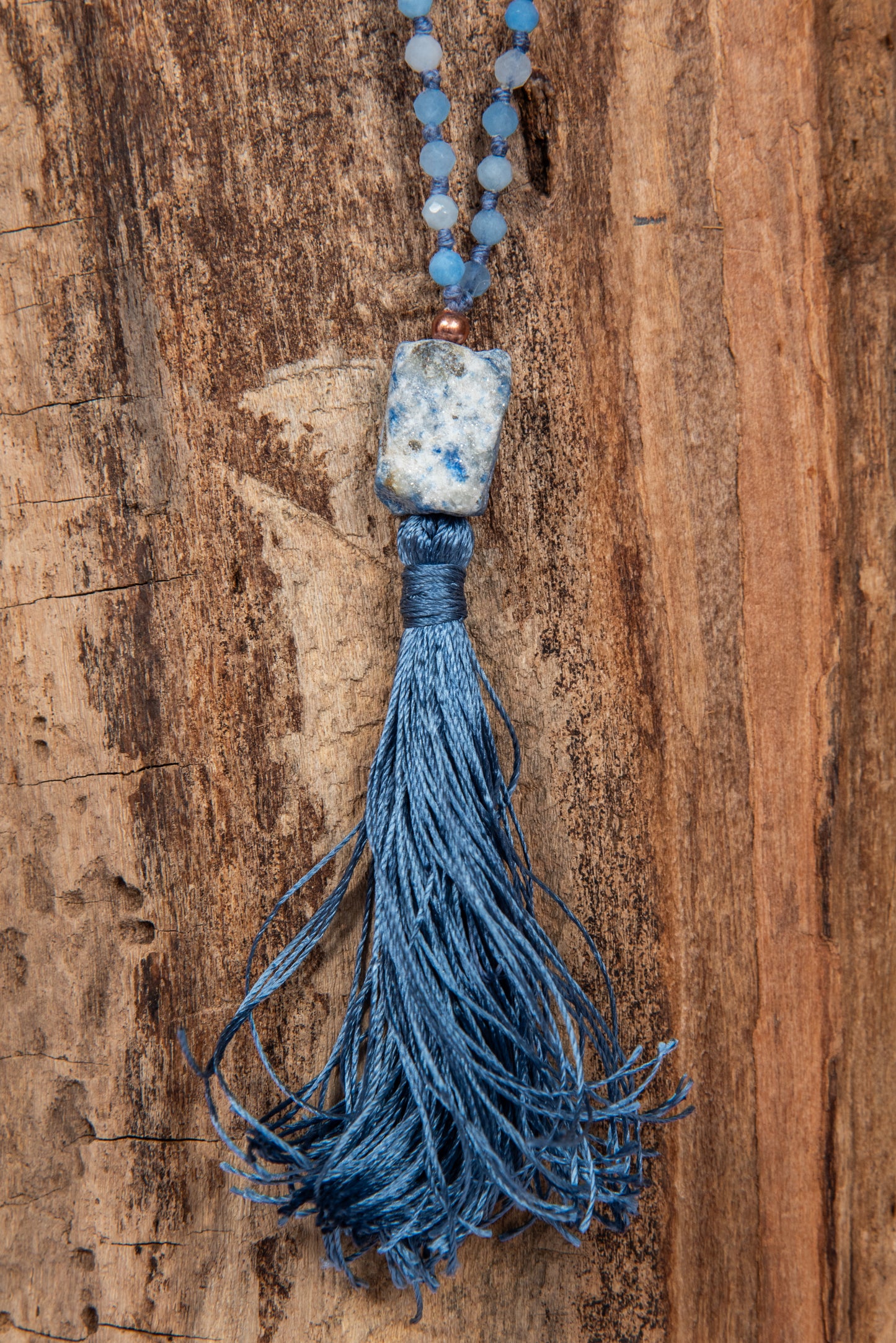 Mala collana 108 perle di Acquamarina e Labradorite, Pietra Guru Lapislazzuli, Rame