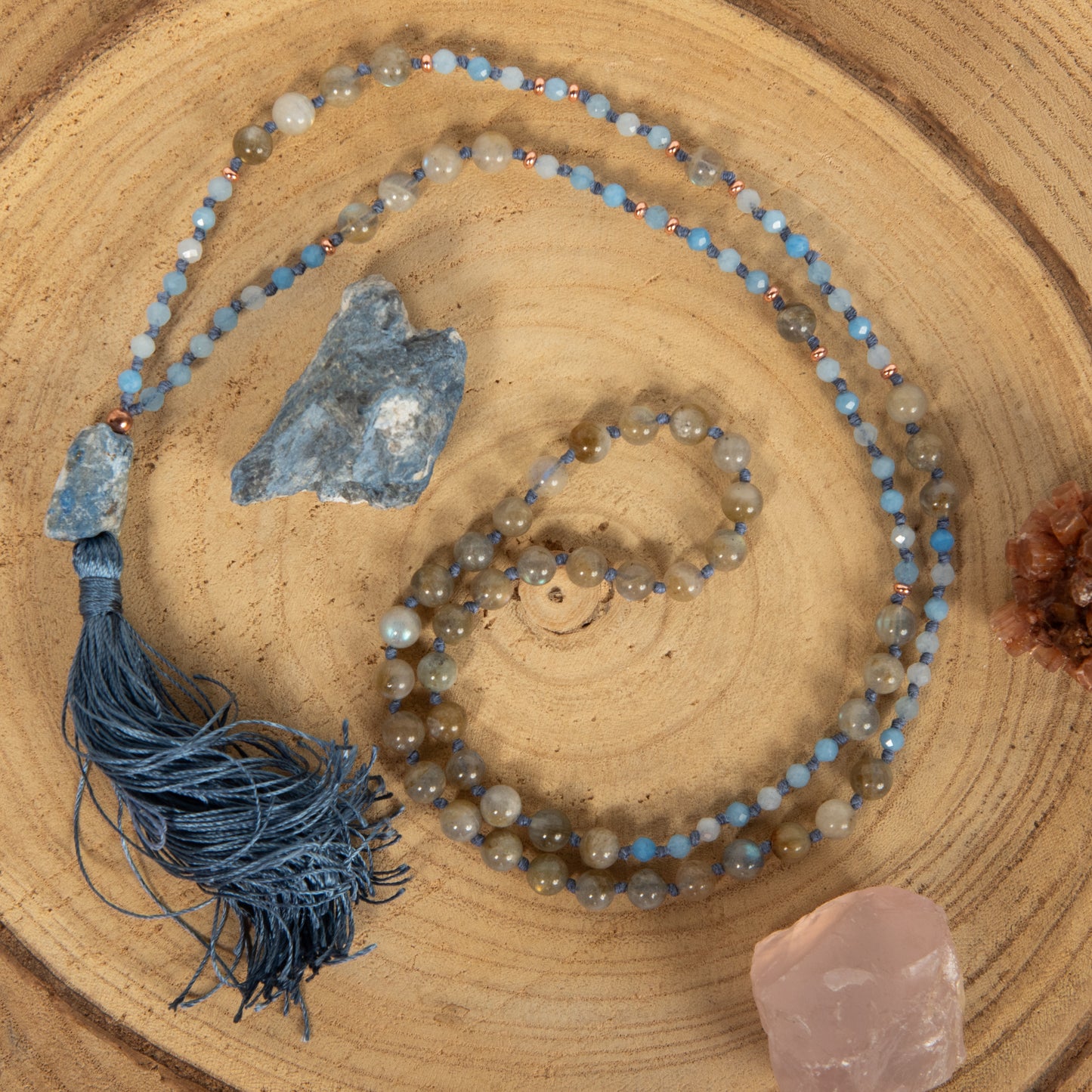Mala collana 108 perle di Acquamarina e Labradorite, Pietra Guru Lapislazzuli, Rame