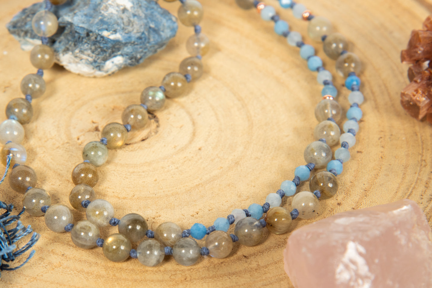 Mala collana 108 perle di Acquamarina e Labradorite, Pietra Guru Lapislazzuli, Rame