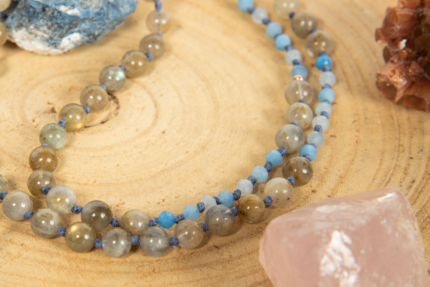 Mala collana 108 perle di Acquamarina e Labradorite, Pietra Guru Lapislazzuli, Rame