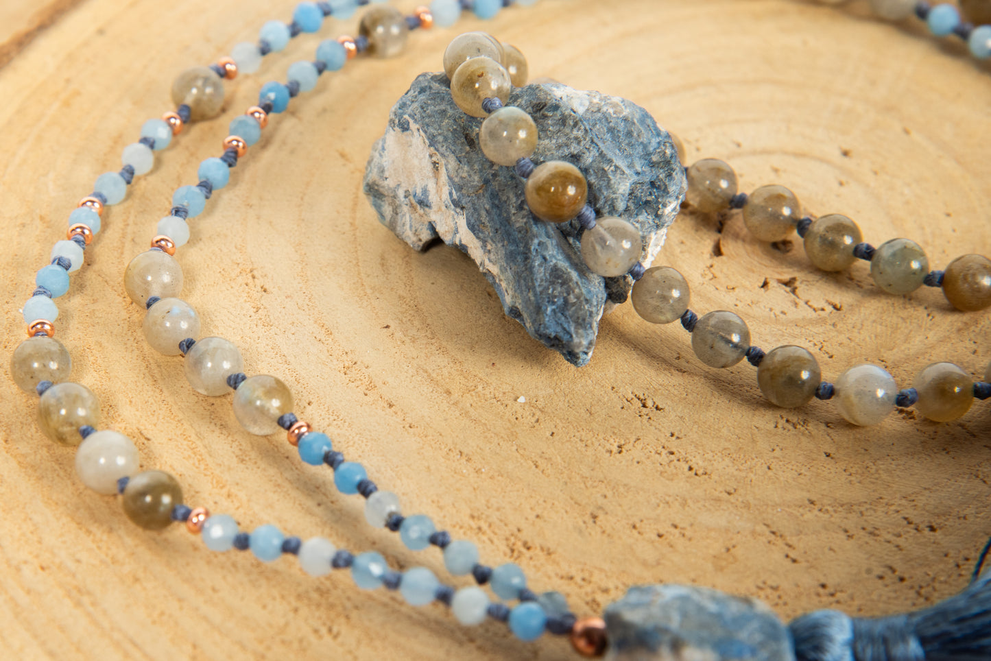 Mala collana 108 perle di Acquamarina e Labradorite, Pietra Guru Lapislazzuli, Rame