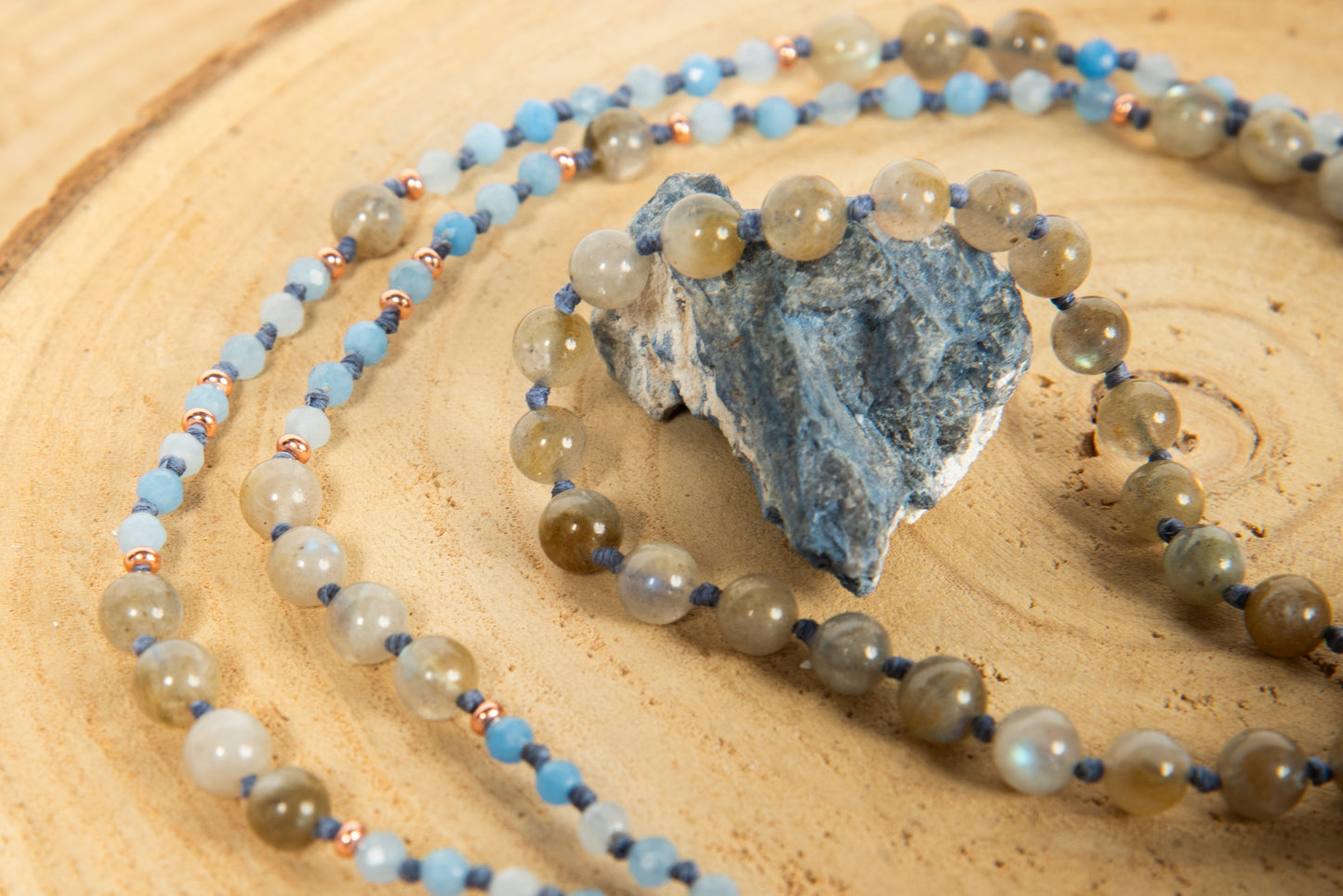 Mala collana 108 perle di Acquamarina e Labradorite, Pietra Guru Lapislazzuli, Rame