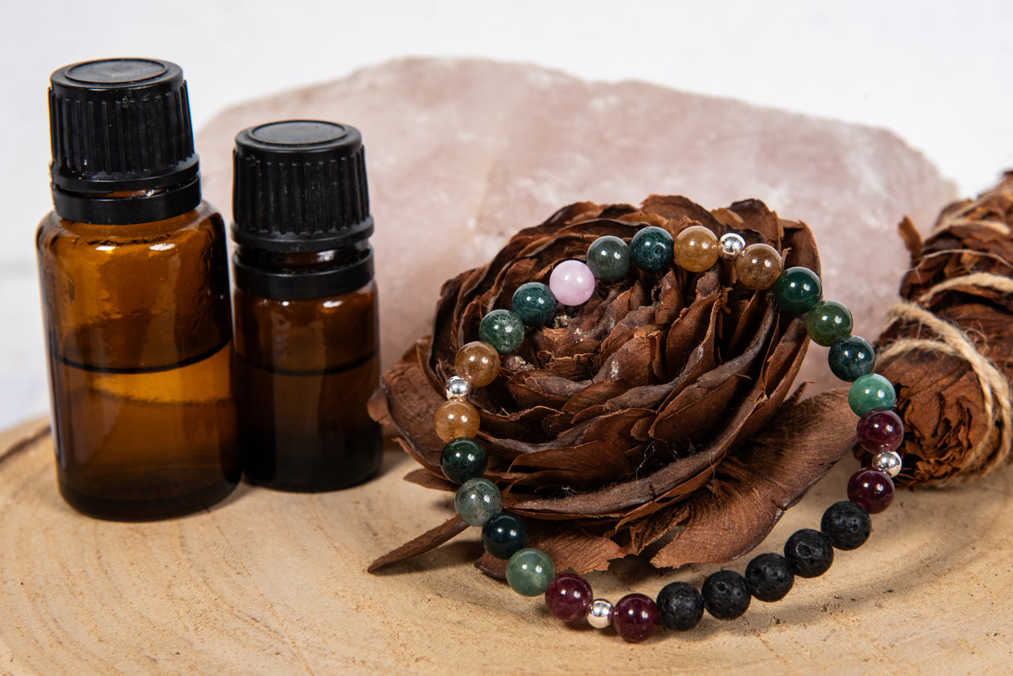 Agata muschiata, tormalina naturale vari colori, kunzite, lava, argento 925