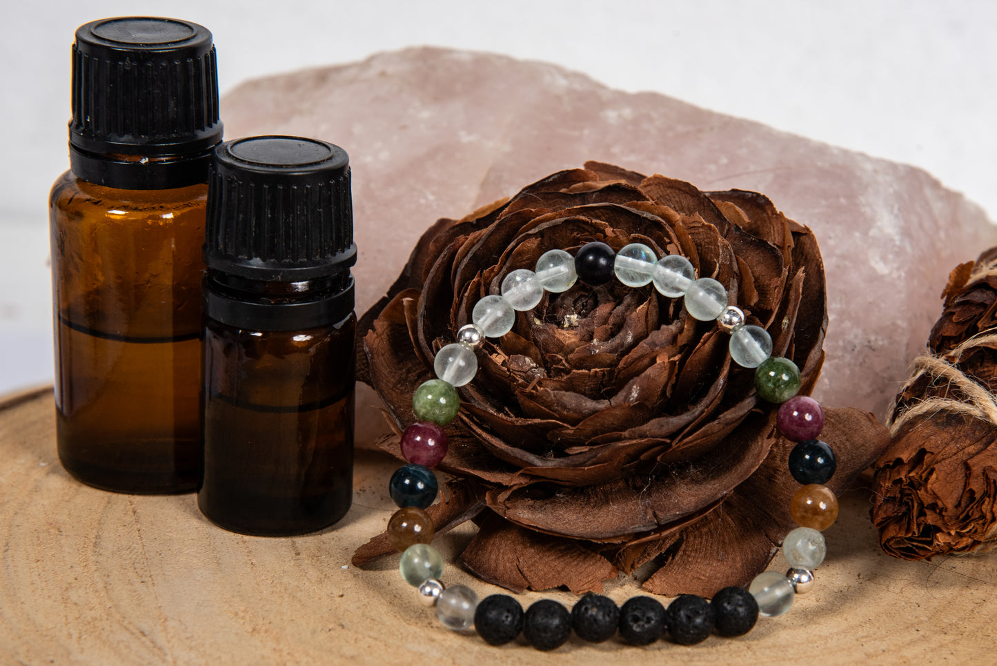 Fluorite, tormalina naturale vari colori, lava, argento 925