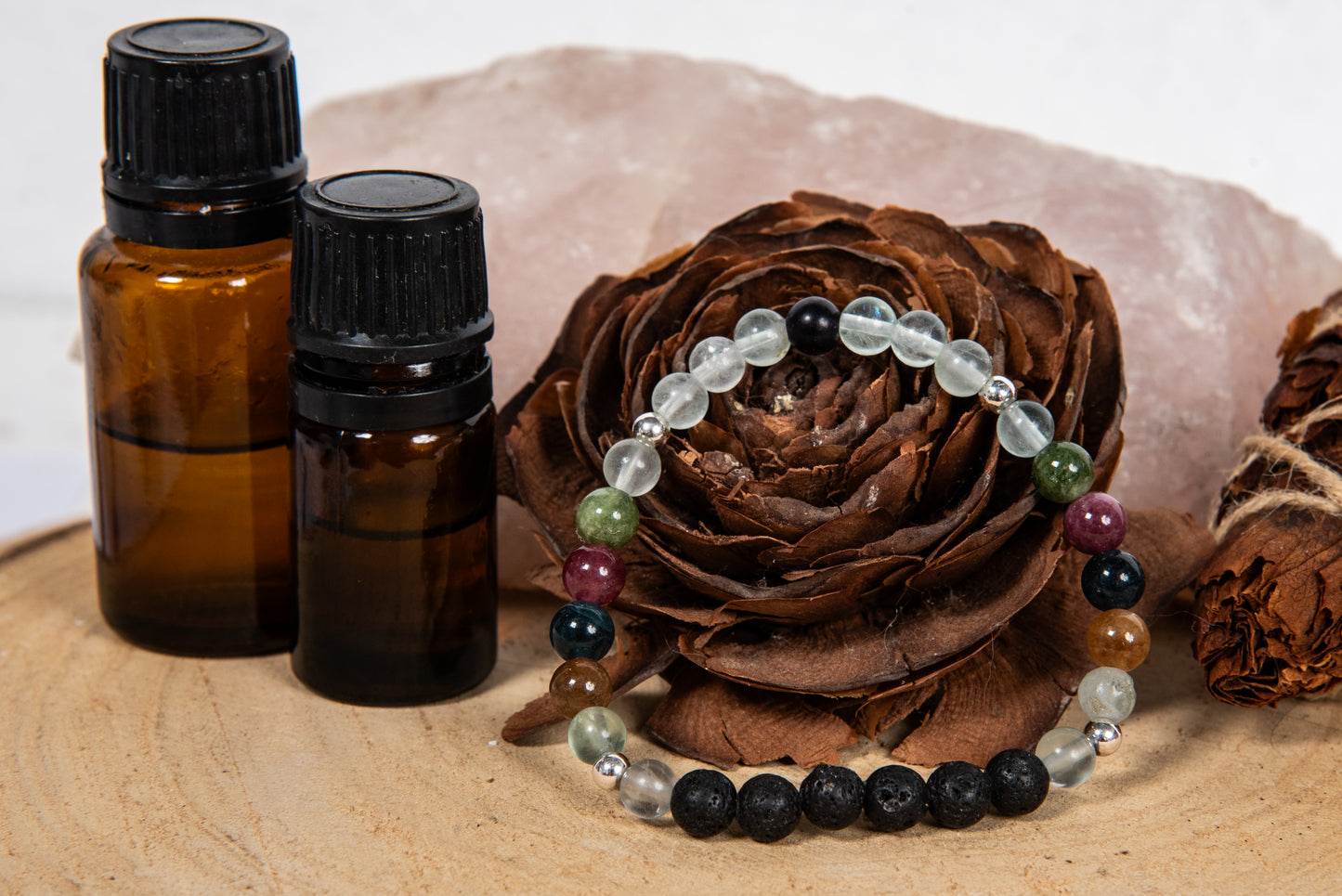 Fluorite, tormalina naturale vari colori, lava, argento 925