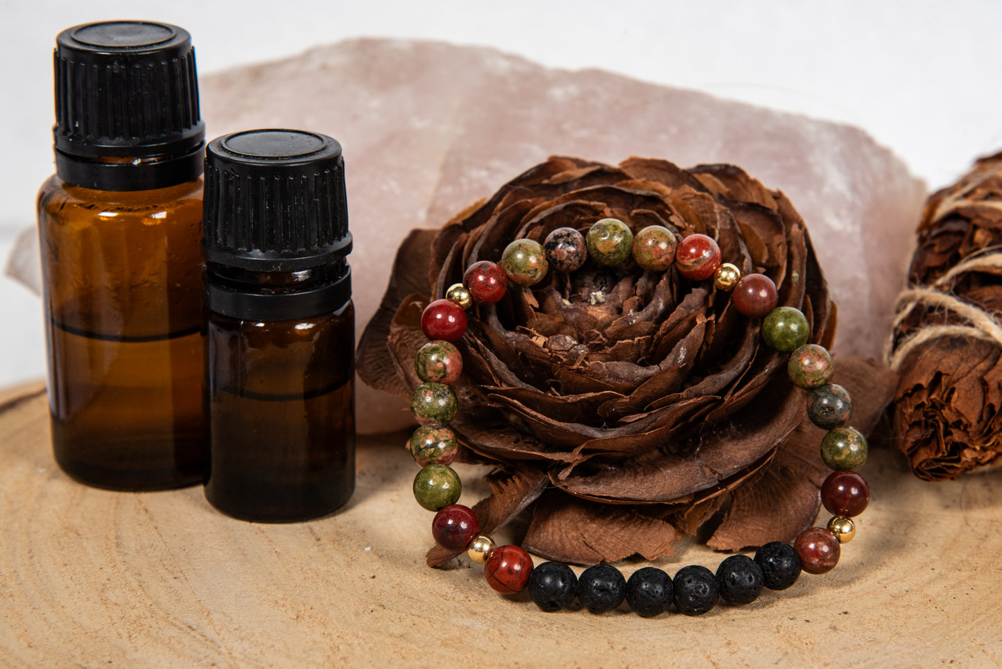 Diaspro rosso, unakite, lava, argento dorato 925