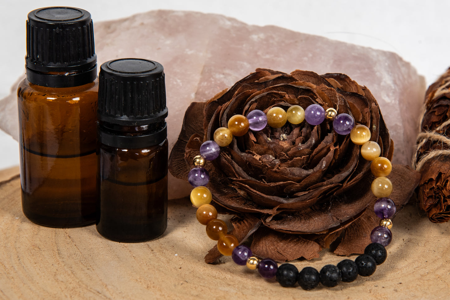 Occhio di tigre dorato, ametista, lava, argento dorato 925