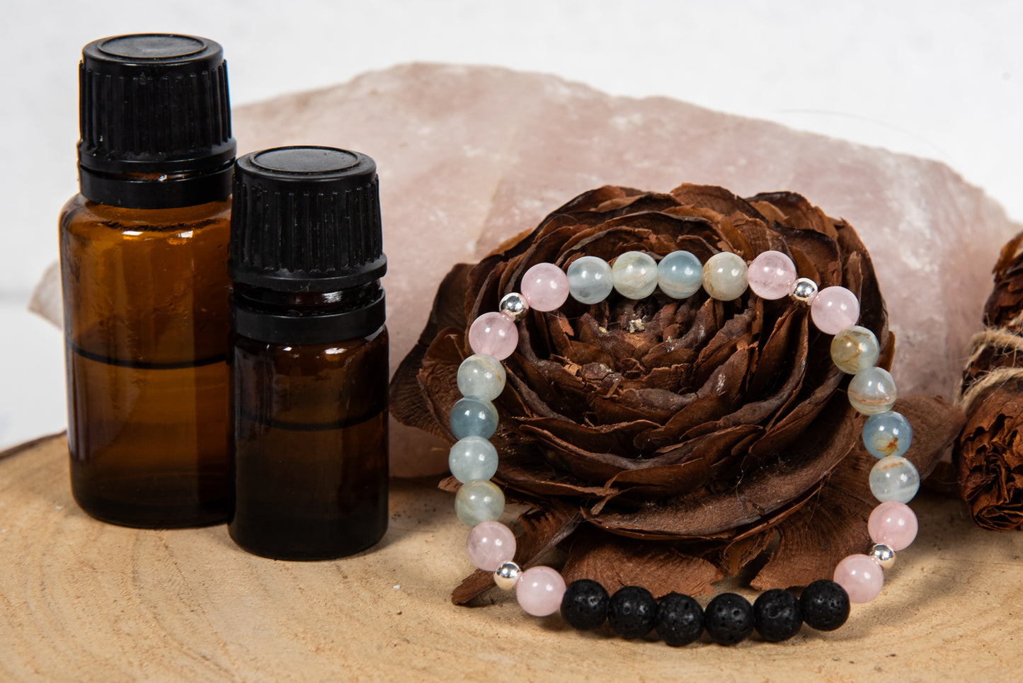 Calcite blu, quarzo rosa, lava, argento 925