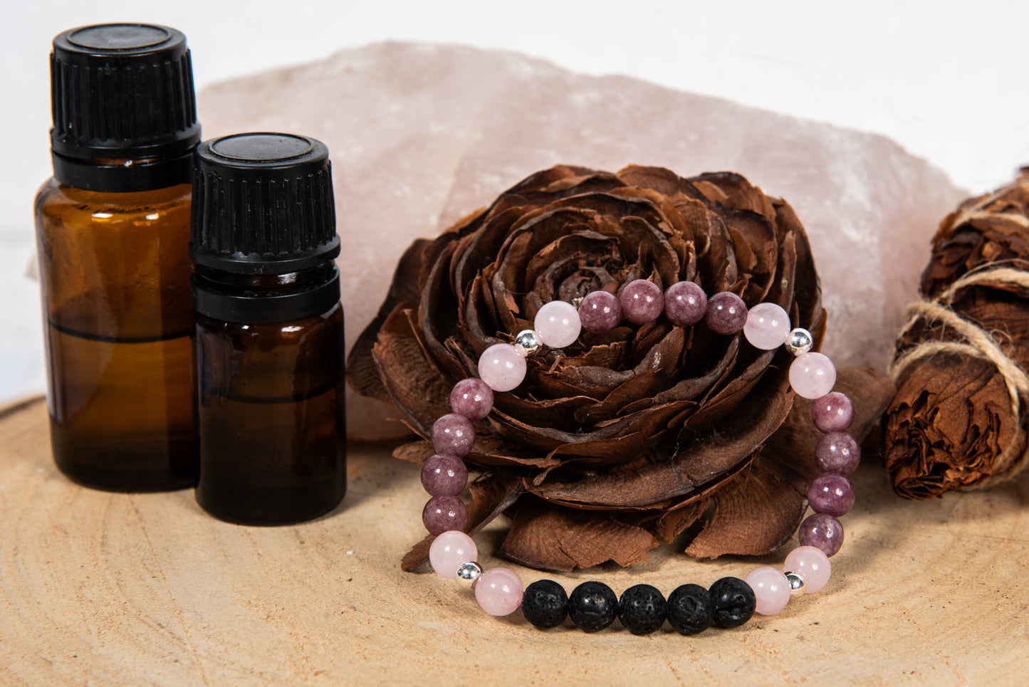 Lepidolite, quarzo rosa, lava, argento 925