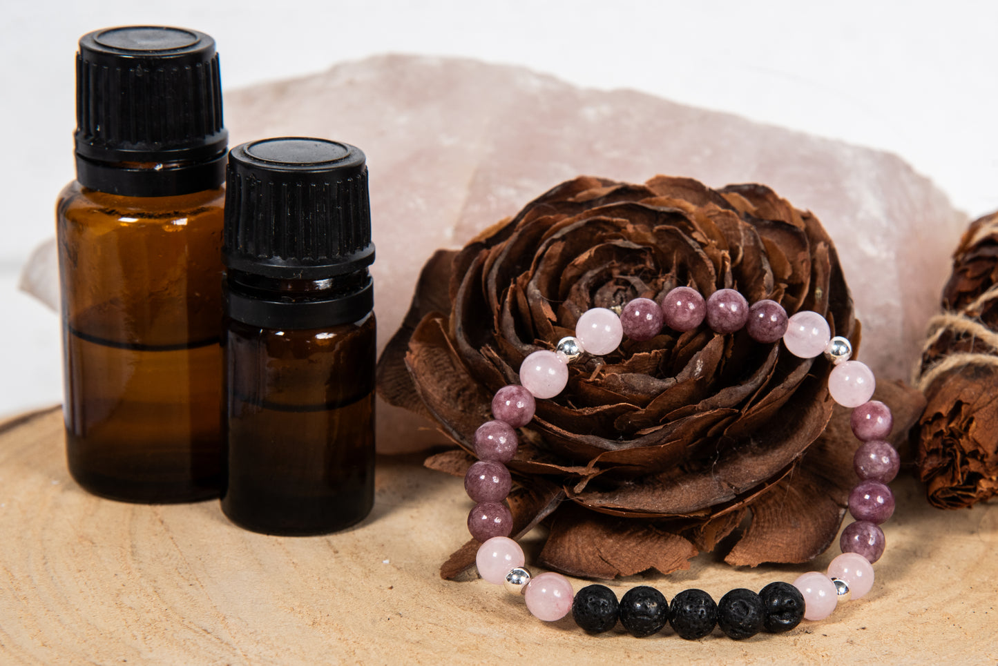 Lepidolite, quarzo rosa, lava, argento 925