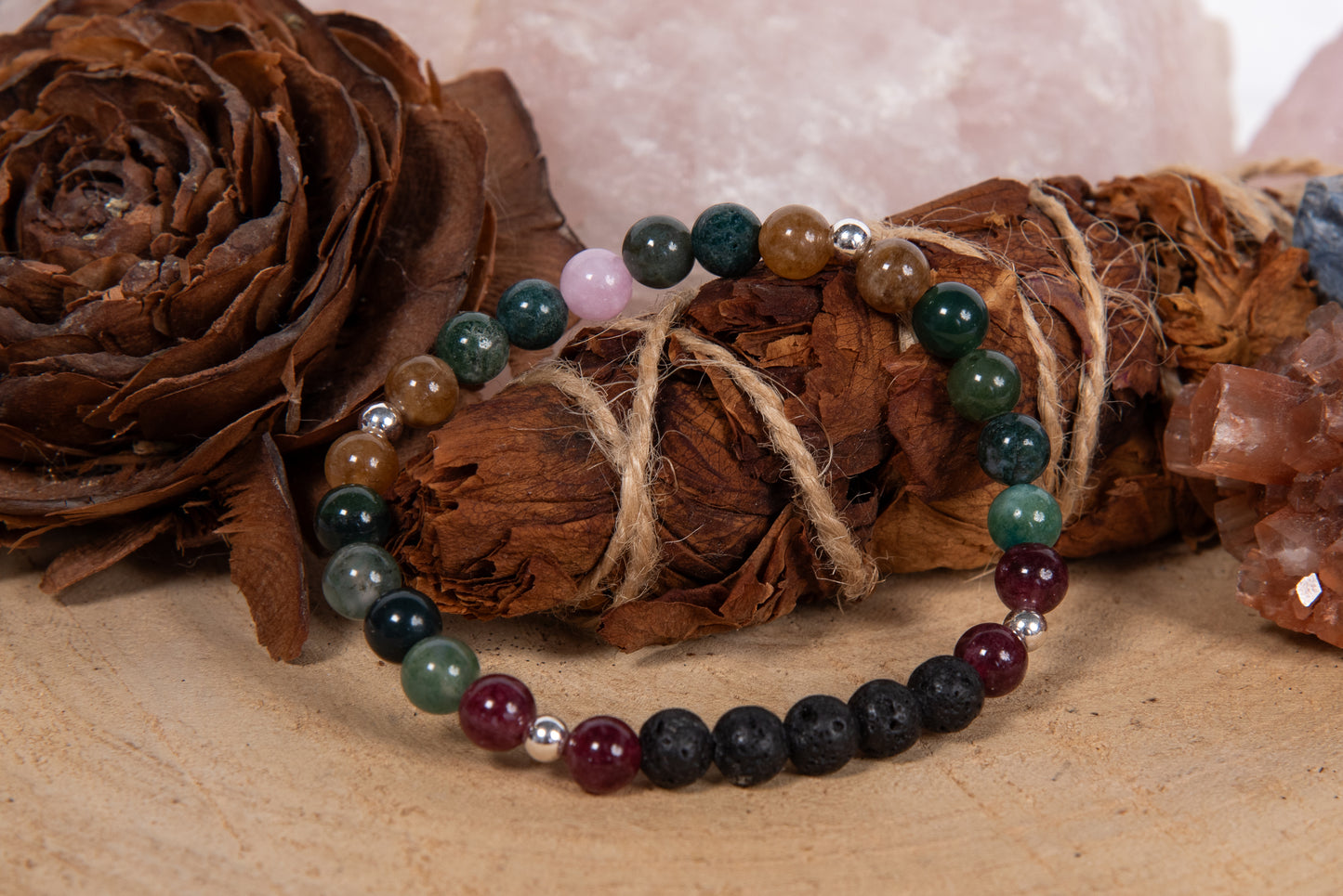 Agata muschiata, tormalina naturale vari colori, kunzite, lava, argento 925