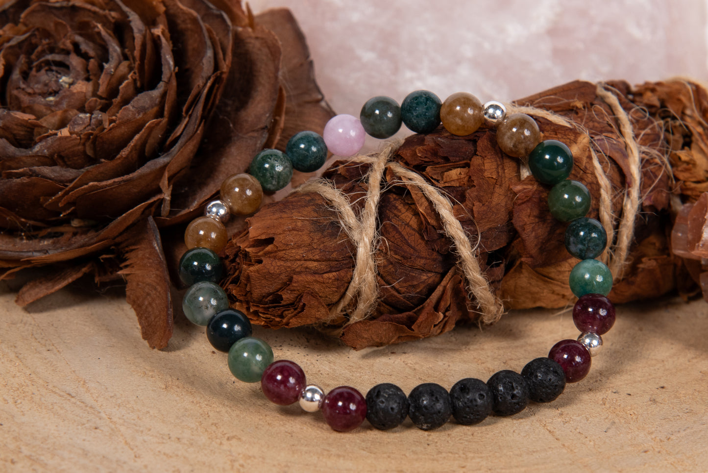 Agata muschiata, tormalina naturale vari colori, kunzite, lava, argento 925