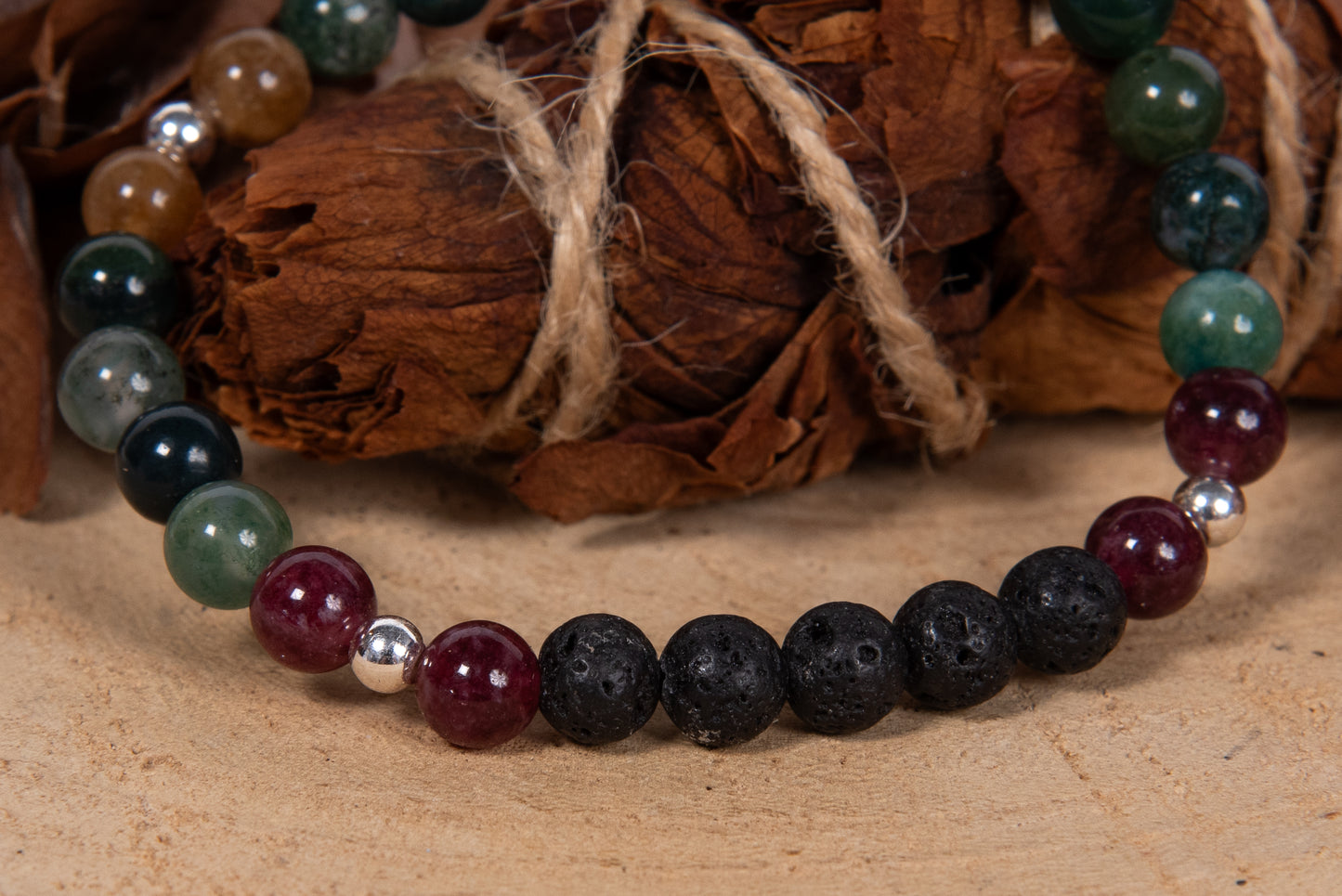 Agata muschiata, tormalina naturale vari colori, kunzite, lava, argento 925