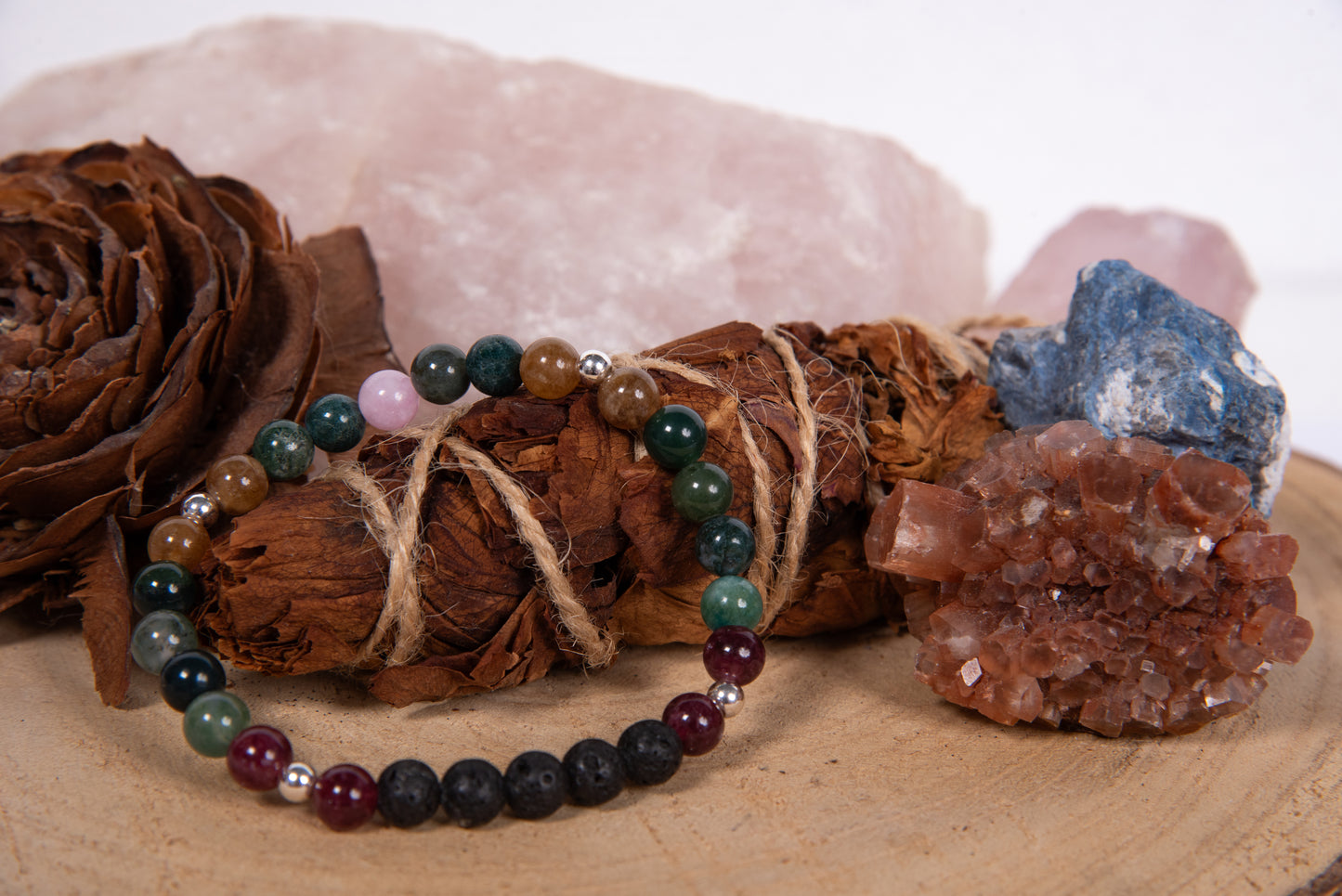 Agata muschiata, tormalina naturale vari colori, kunzite, lava, argento 925