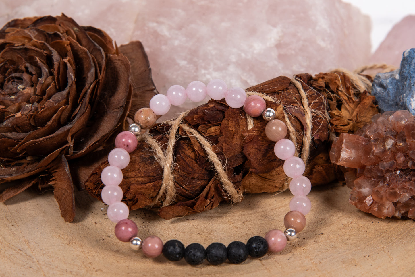 Quarzo rosa, rodonite, lava, argento 925