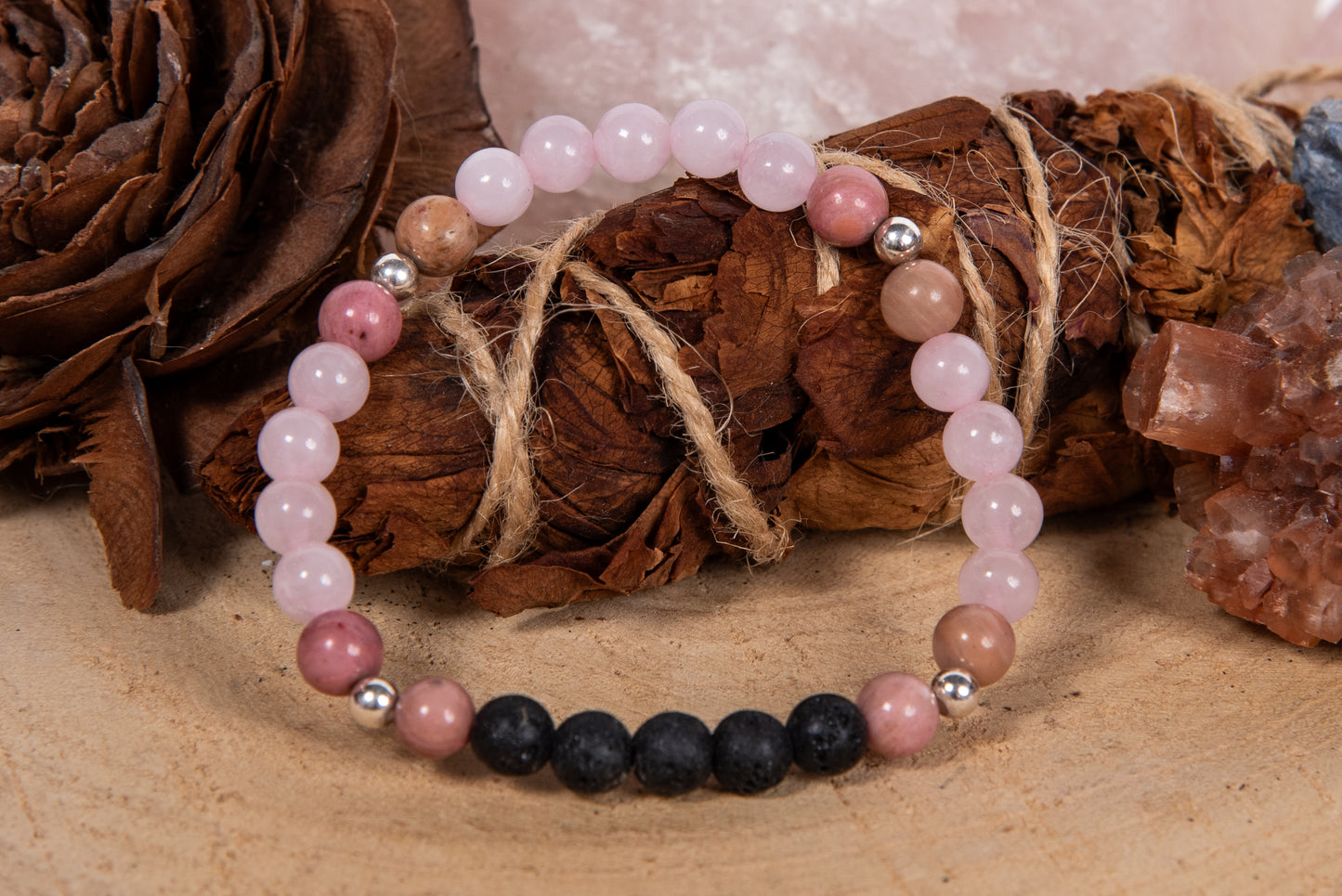 Quarzo rosa, rodonite, lava, argento 925