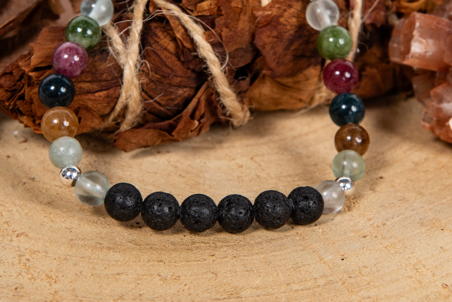 Fluorite, tormalina naturale vari colori, lava, argento 925