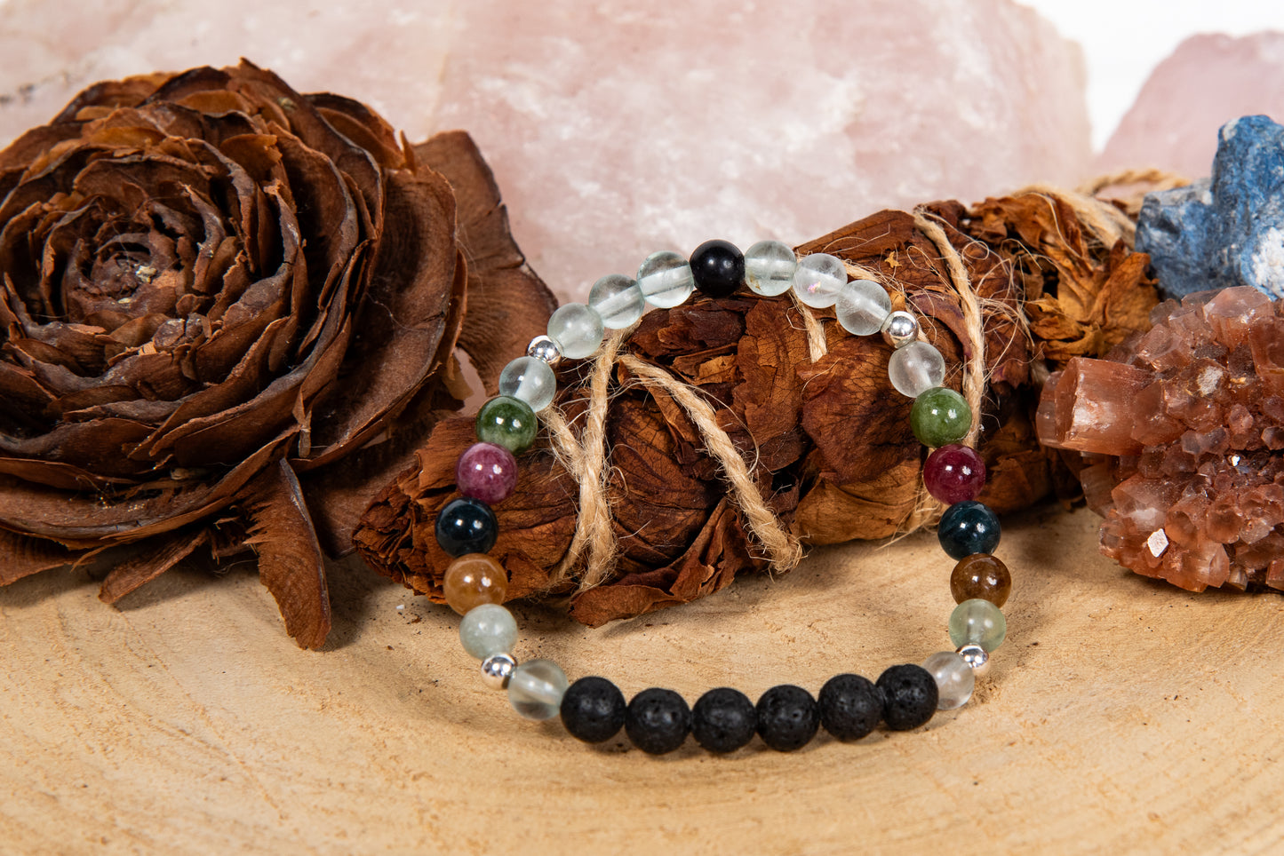 Fluorite, tormalina naturale vari colori, lava, argento 925