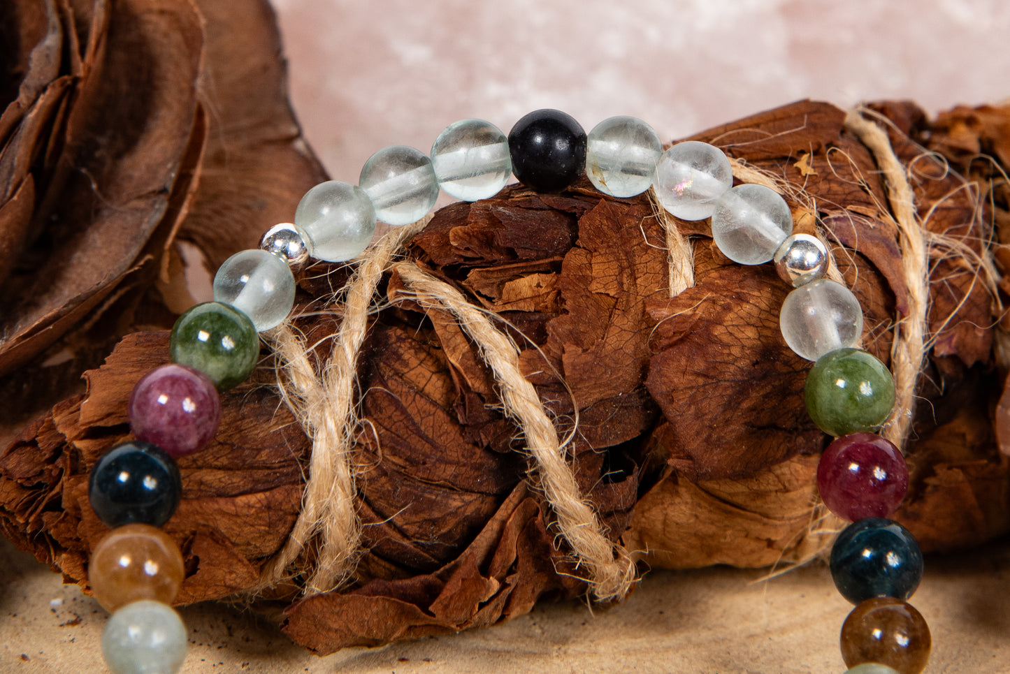 Fluorite, tormalina naturale vari colori, lava, argento 925