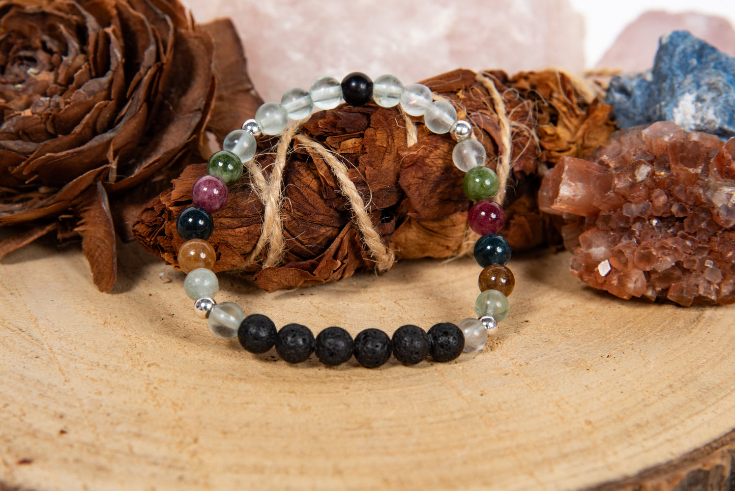 Fluorite, tormalina naturale vari colori, lava, argento 925