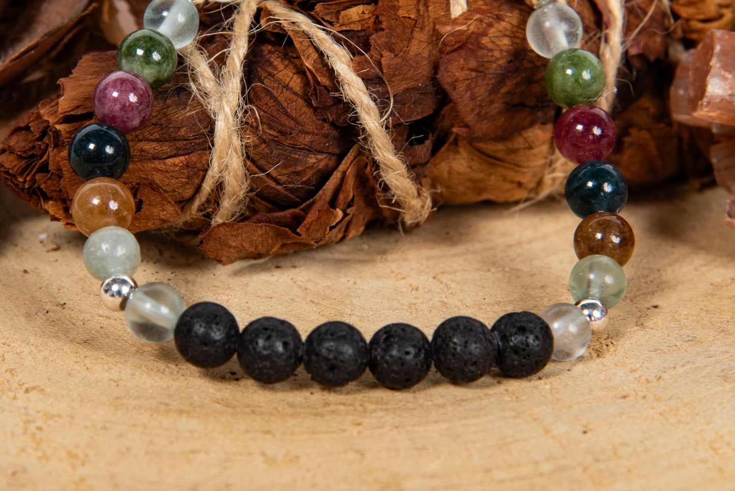 Fluorite, tormalina naturale vari colori, lava, argento 925