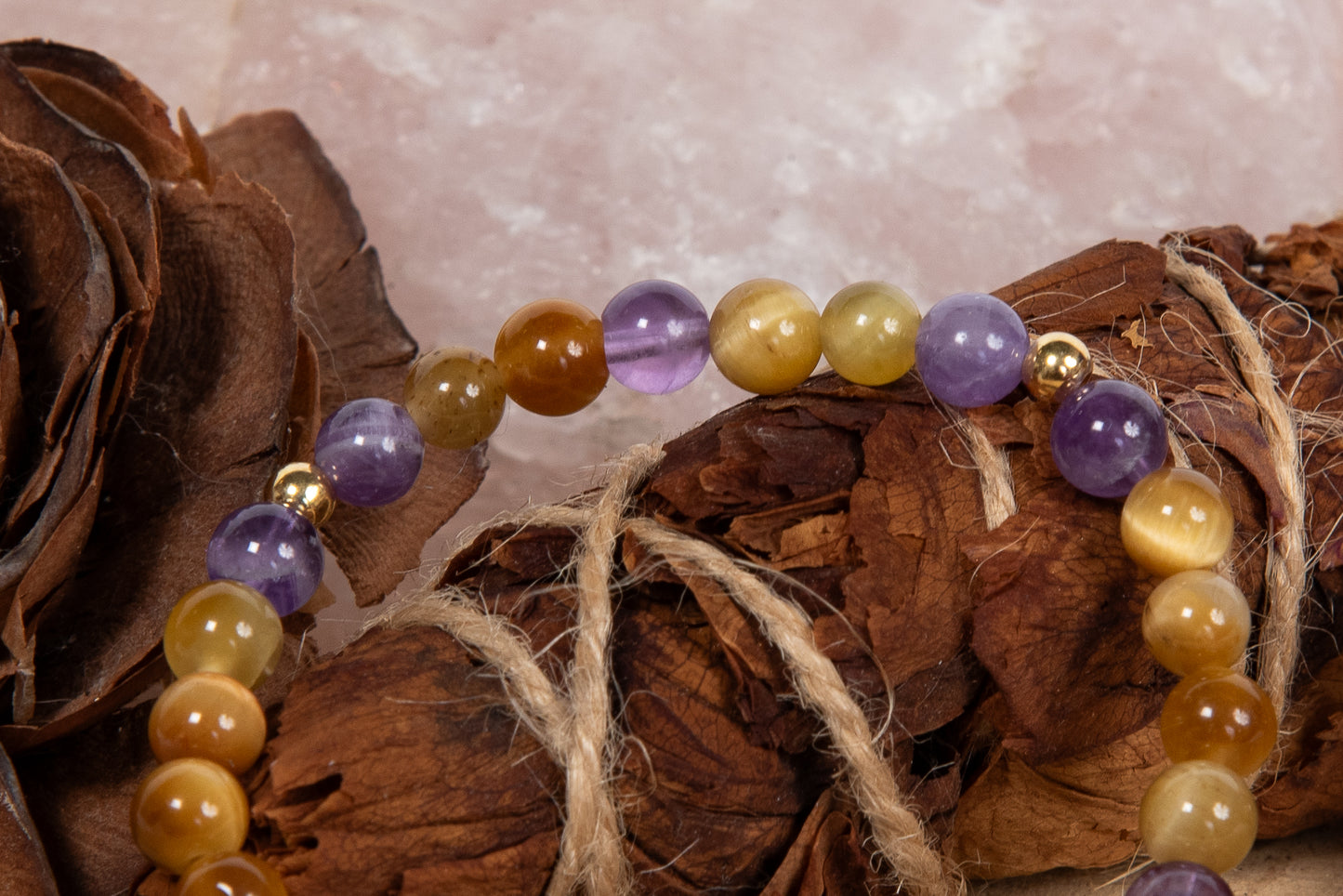 Occhio di tigre dorato, ametista, lava, argento dorato 925