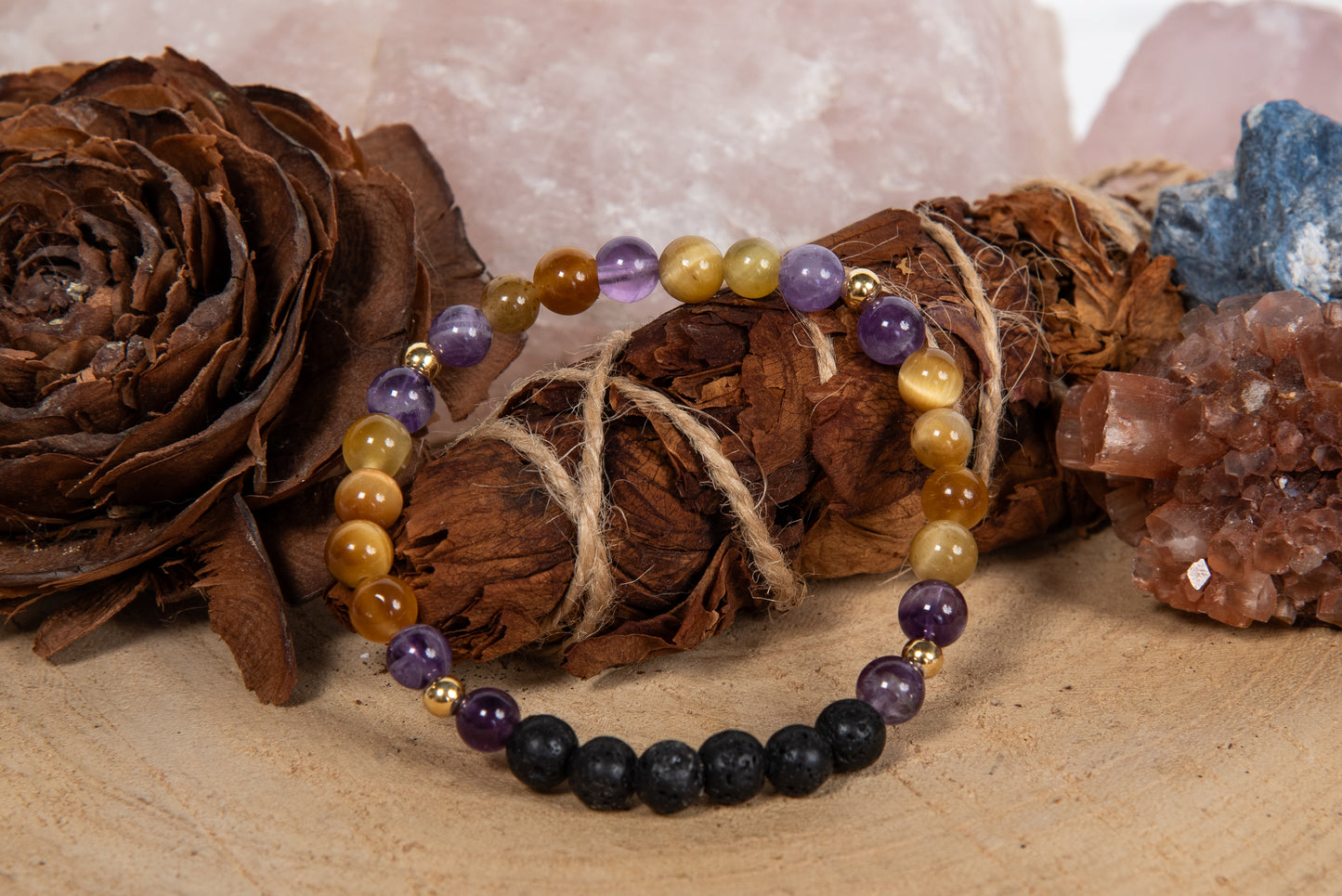 Occhio di tigre dorato, ametista, lava, argento dorato 925