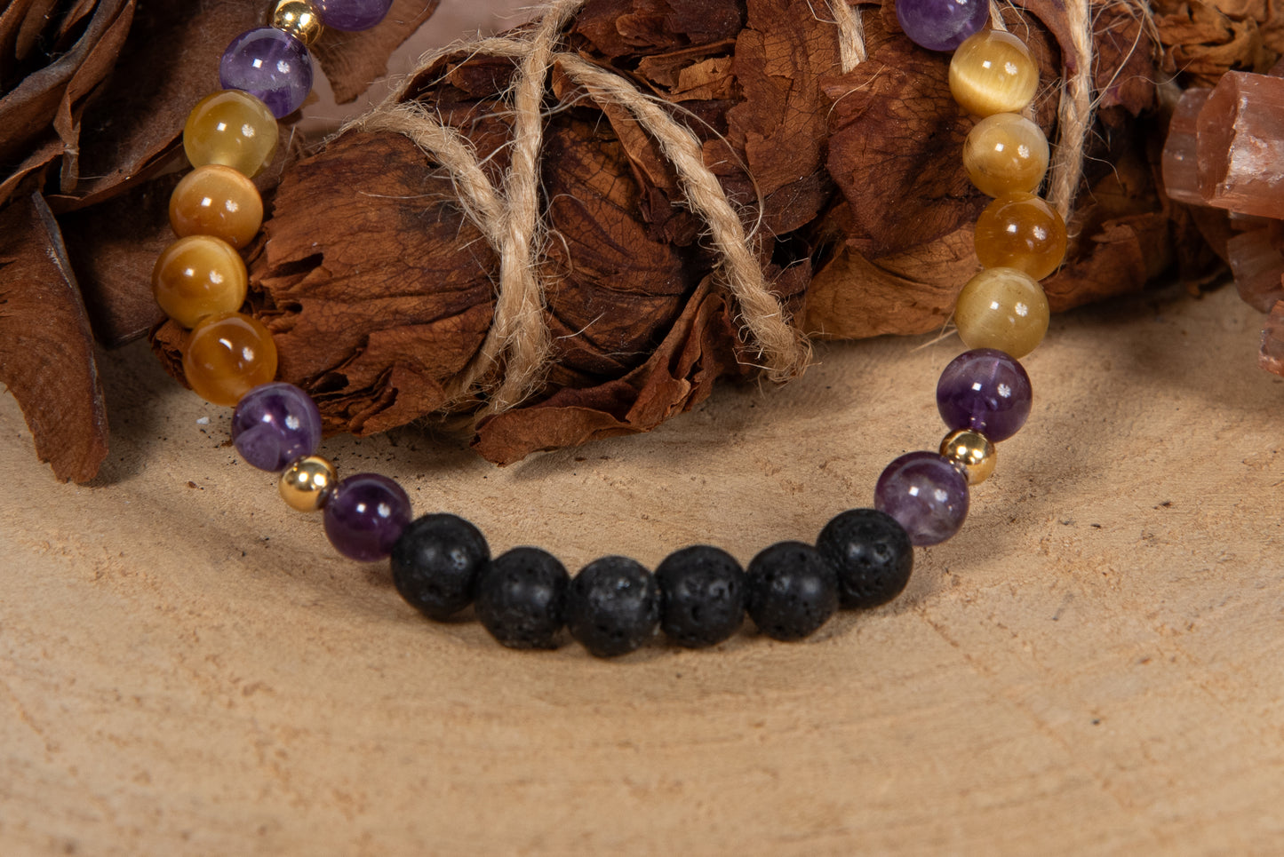 Occhio di tigre dorato, ametista, lava, argento dorato 925